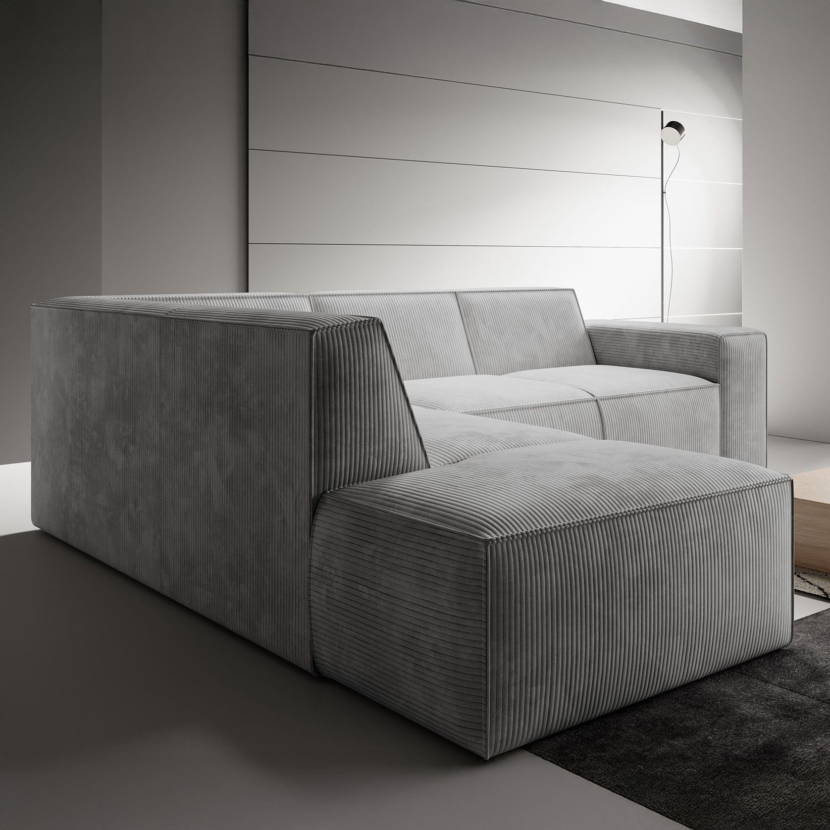 Monet - Hoekbank 4-zits met chaise longue - Ribstof grijs - Links
