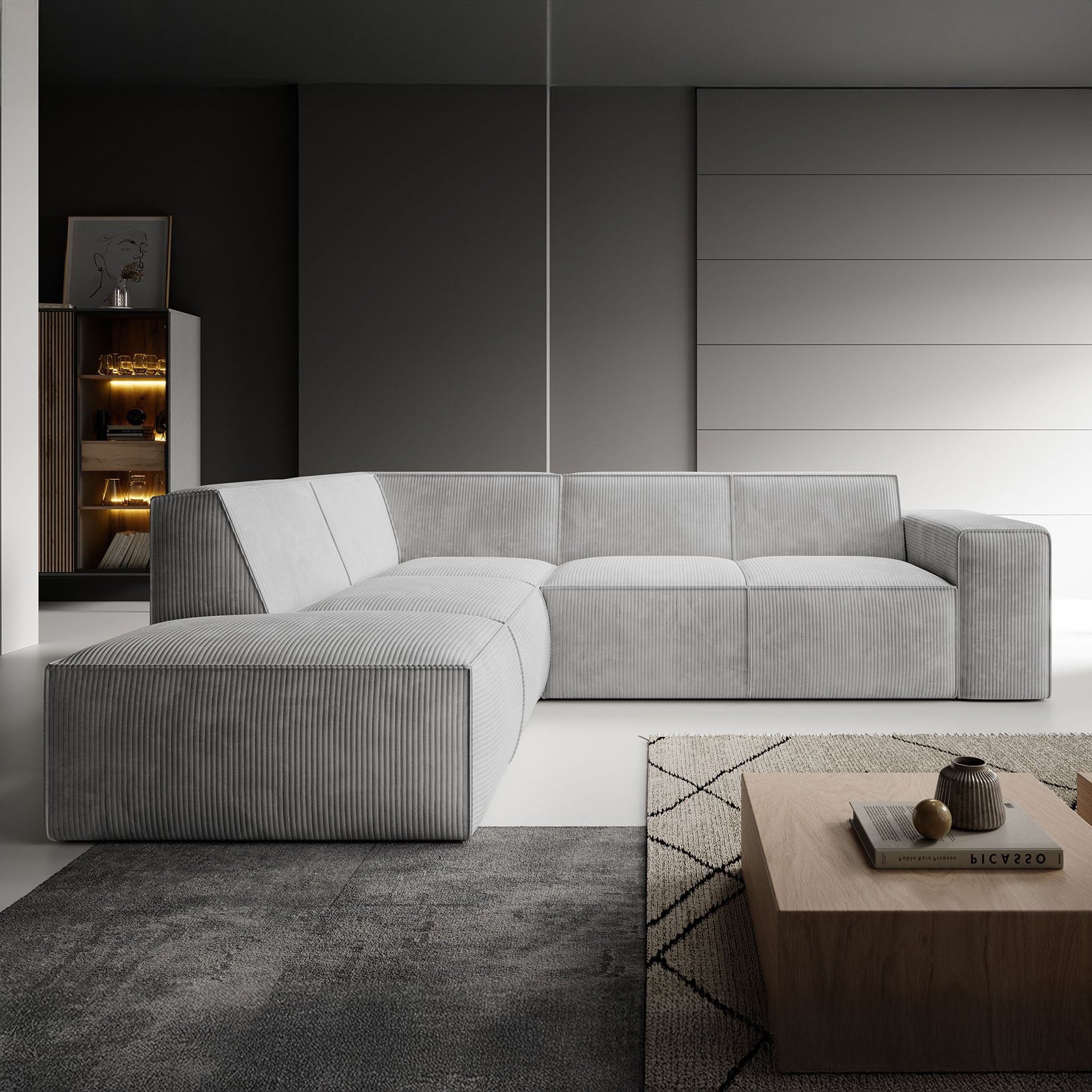 Monet - Hoekbank 4-zits met chaise longue - Ribstof grijs - Links
