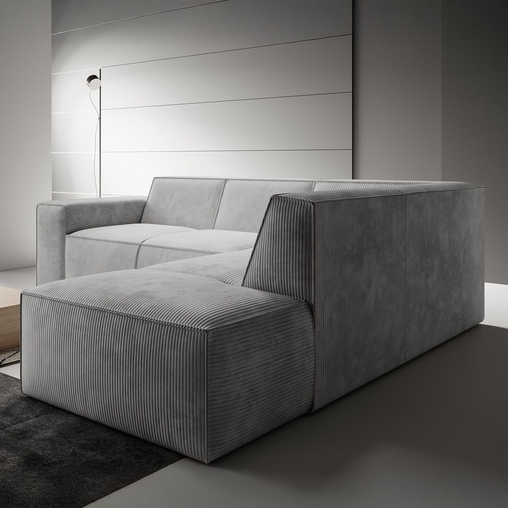 Monet - Hoekbank 4-zits met chaise longue - Ribstof grijs - Rechts