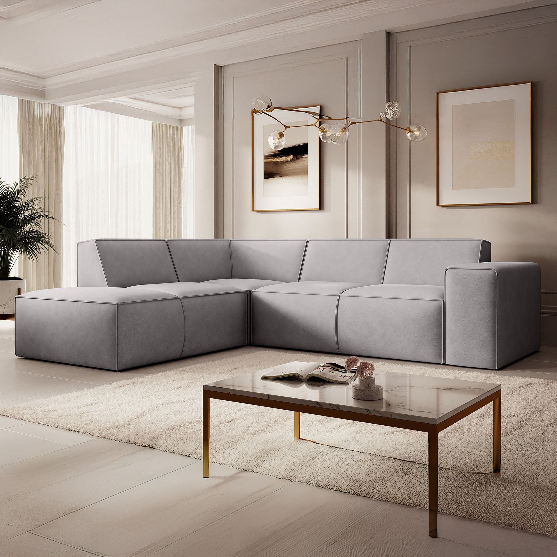 Monet - Hoekbank 4-zits met chaise longue - Stof lichtgrijs - Links