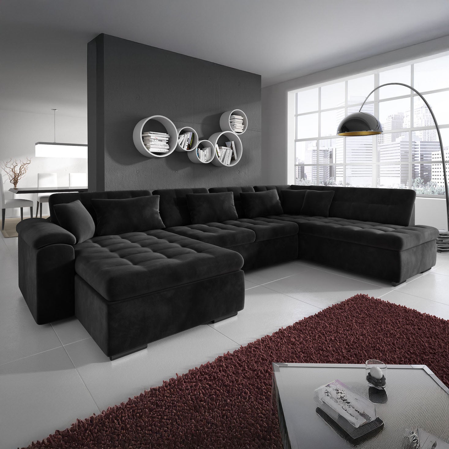 Nicoreta - Hoekbank 5-zits met chaise longue - Velvet zwart - Links