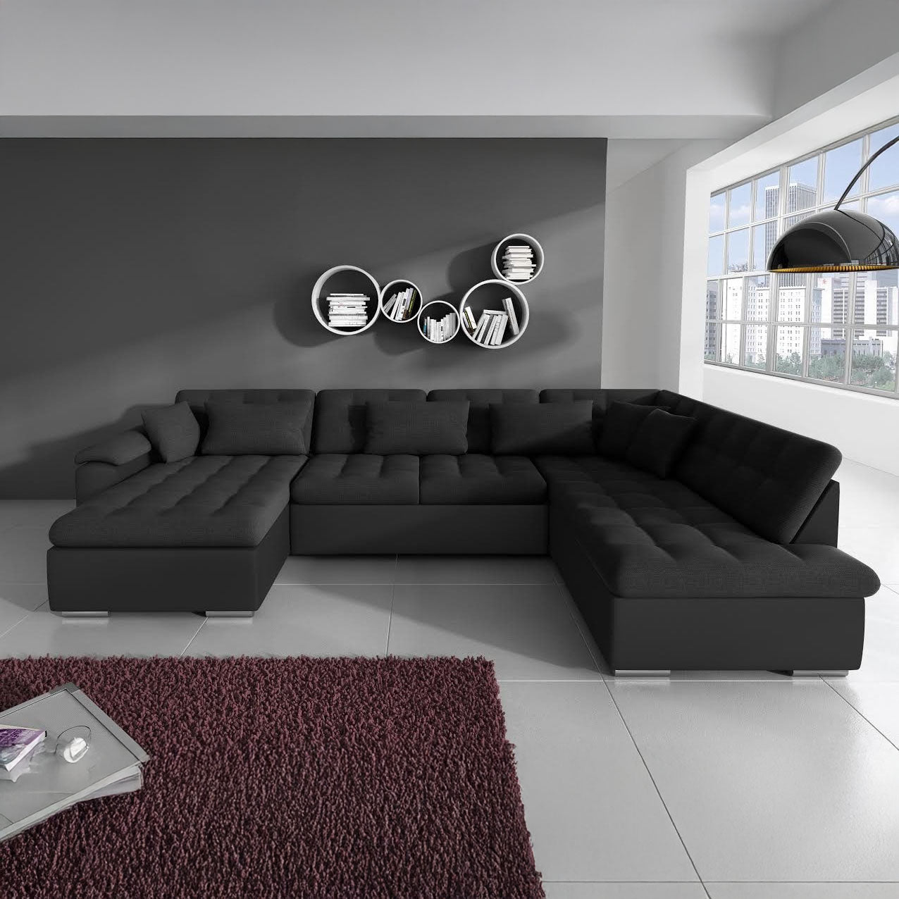 Nicoreta - Hoekbank 5-zits met chaise longue - Stof zwart - Links