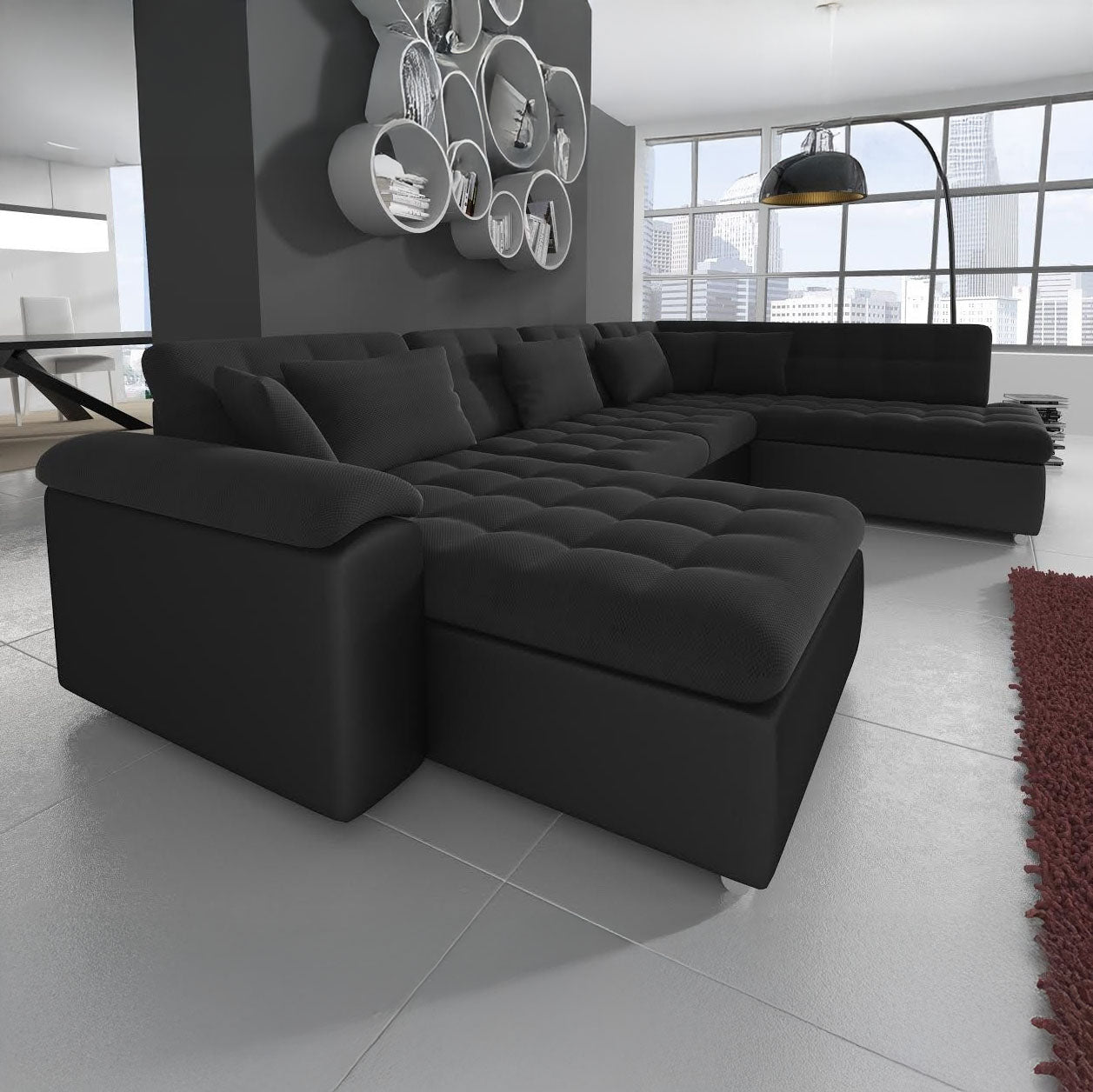 Nicoreta - Hoekbank 5-zits met chaise longue - Stof zwart - Links