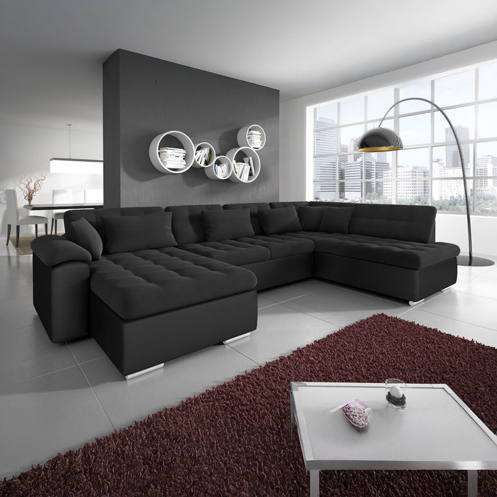Nicoreta - Hoekbank 5-zits met chaise longue - Stof zwart - Links