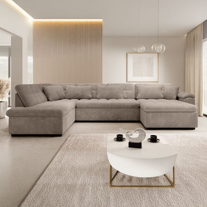 Nicoreta - Hoekbank 5-zits met chaise longue - Ribstof bruin - Rechts