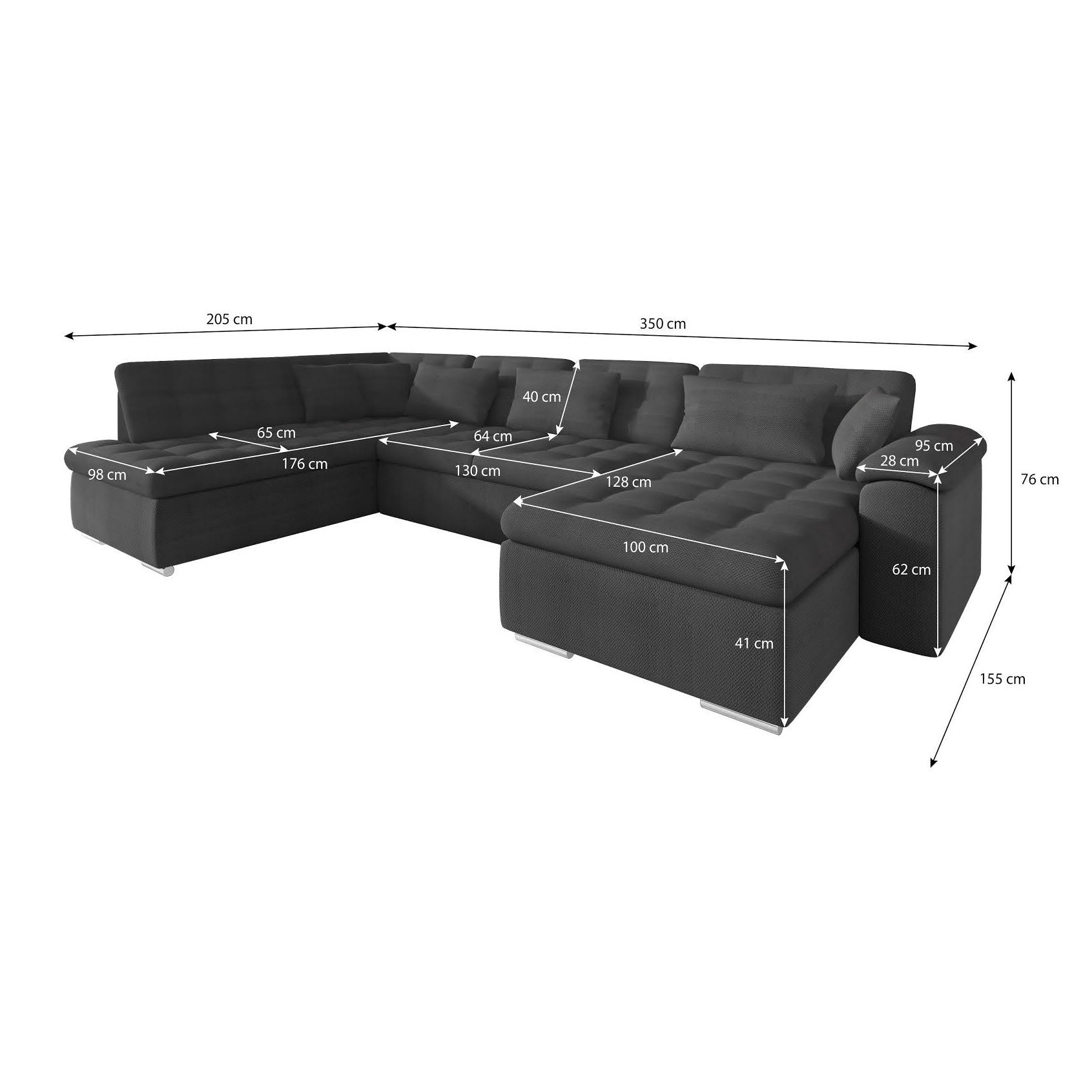 Nicoreta - Hoekbank 5-zits met chaise longue - Velvet zwart - Rechts