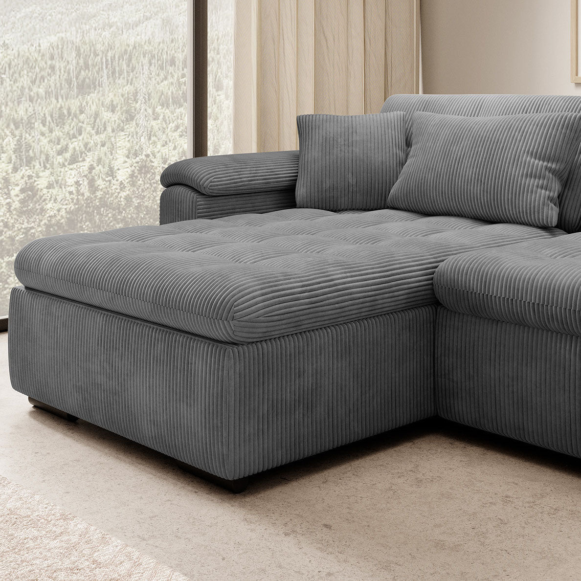 Nicoreta - Hoekbank 5-zits met chaise longue - Ribstof donkergrijs - Links