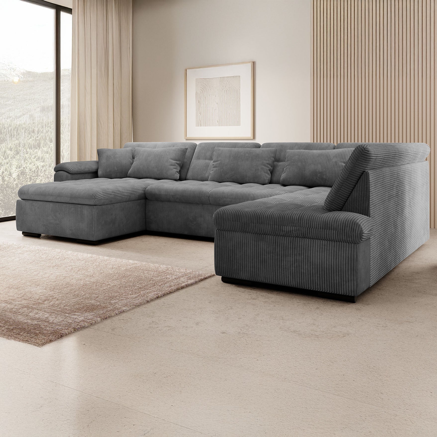 Nicoreta - Hoekbank 5-zits met chaise longue - Ribstof donkergrijs - Links