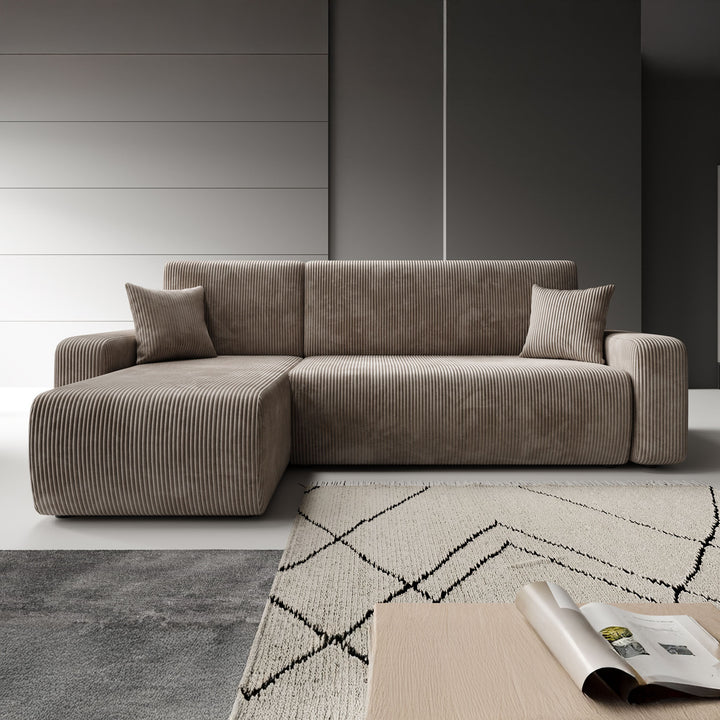 Prudence - Hoekbank 3-zits met chaise longue - Ribstof bruin - Universeel