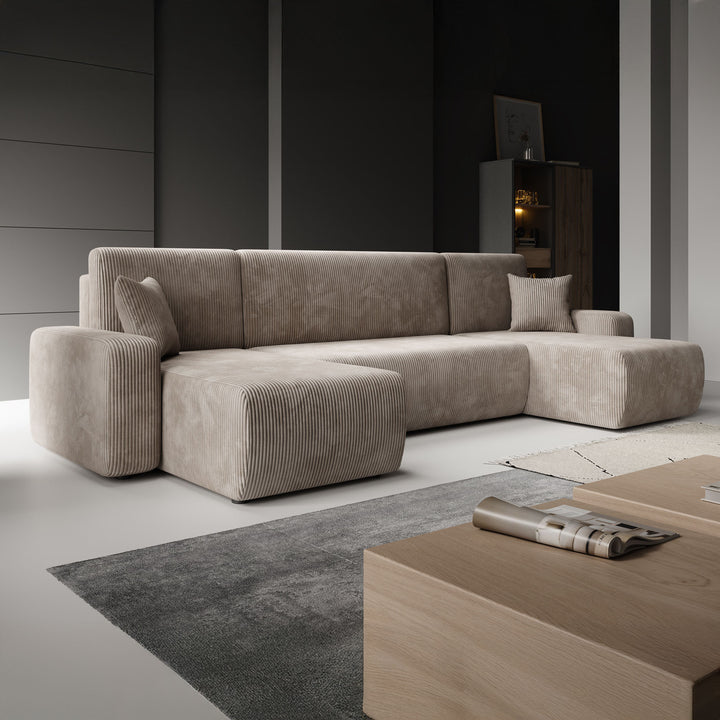 Prudence U - Hoekbank 4-zits met chaise longue - Ribstof bruin - Universeel