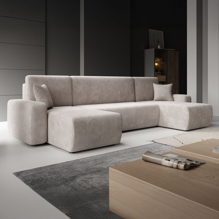 Prudence U - Hoekbank 4-zits met chaise longue - Ribstof beige - Universeel