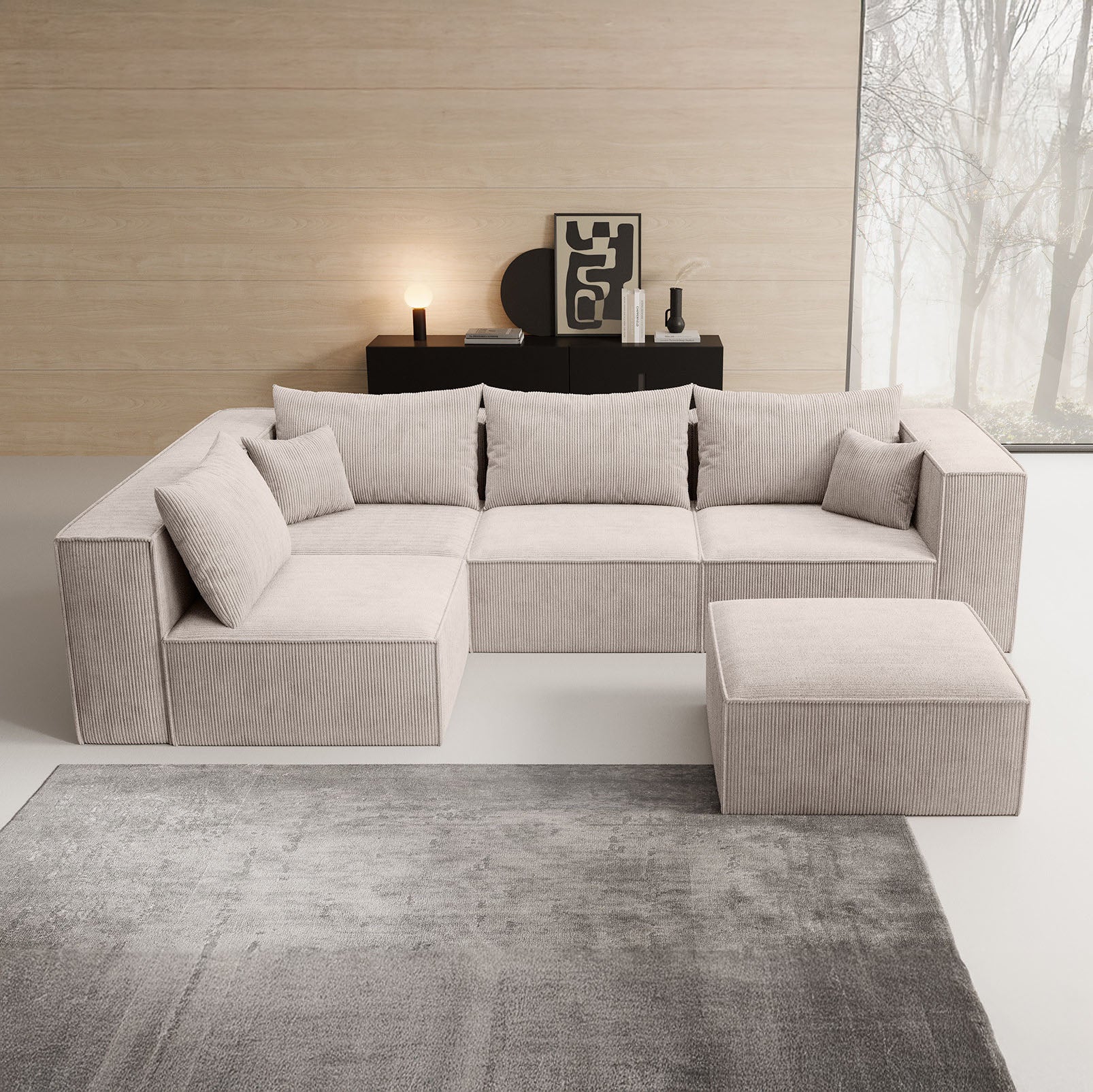 Pudsey - Hoekbank 3-zits - Ribstof beige - Universeel
