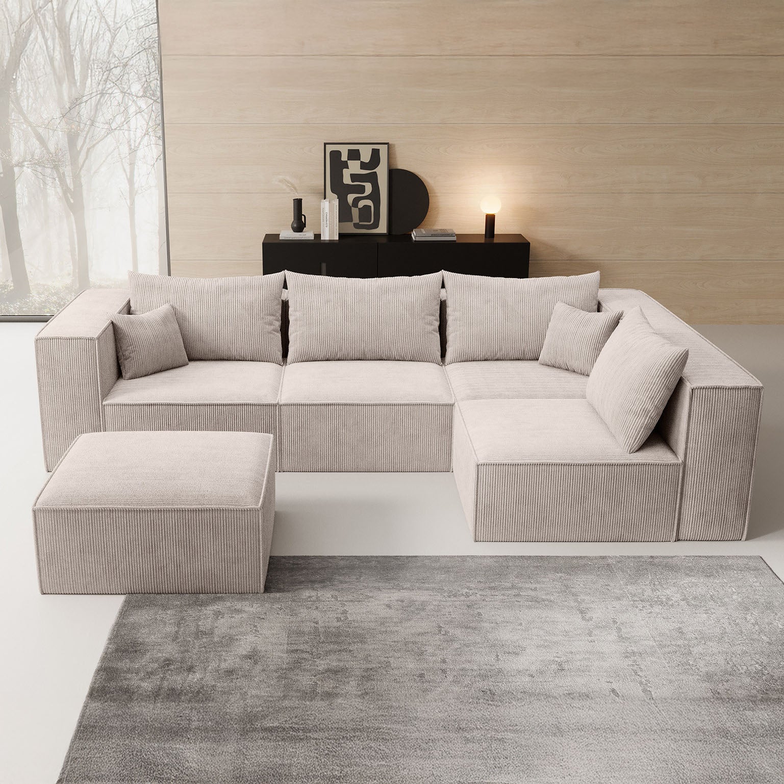 Pudsey - Hoekbank 3-zits - Ribstof beige - Universeel