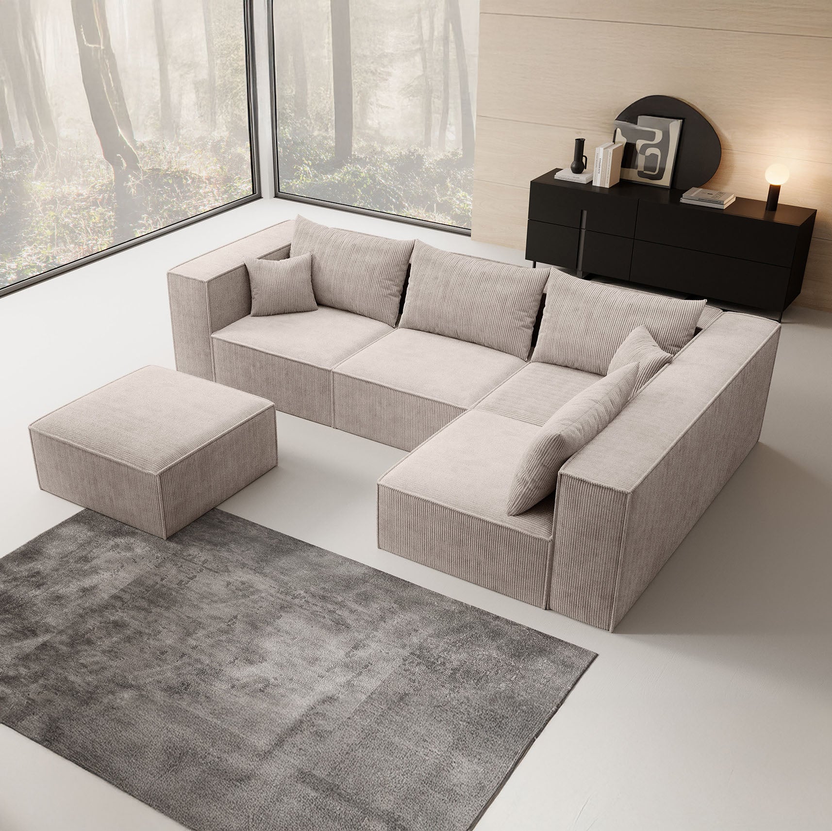 Pudsey - Hoekbank 3-zits - Ribstof beige - Universeel