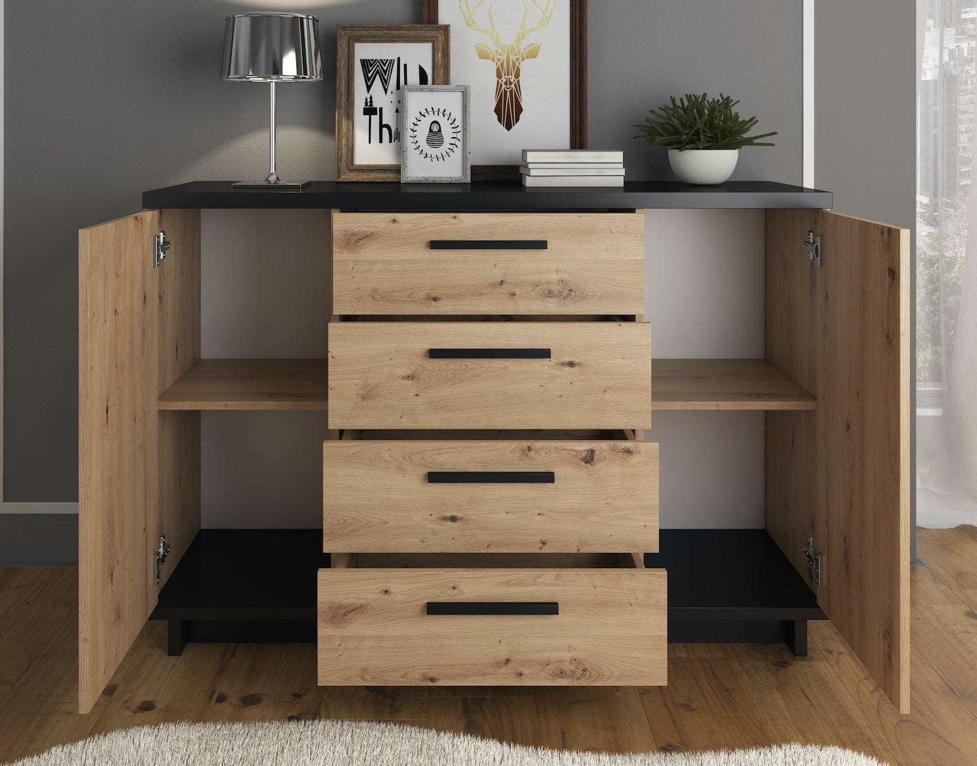 Incala - Dressoir - Eiken/zwart - 135x40x90 cm