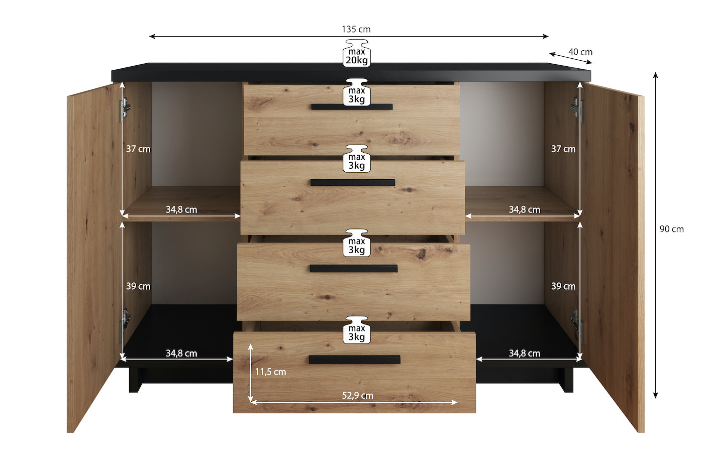 Incala - Dressoir - Eiken/zwart - 135x40x90 cm
