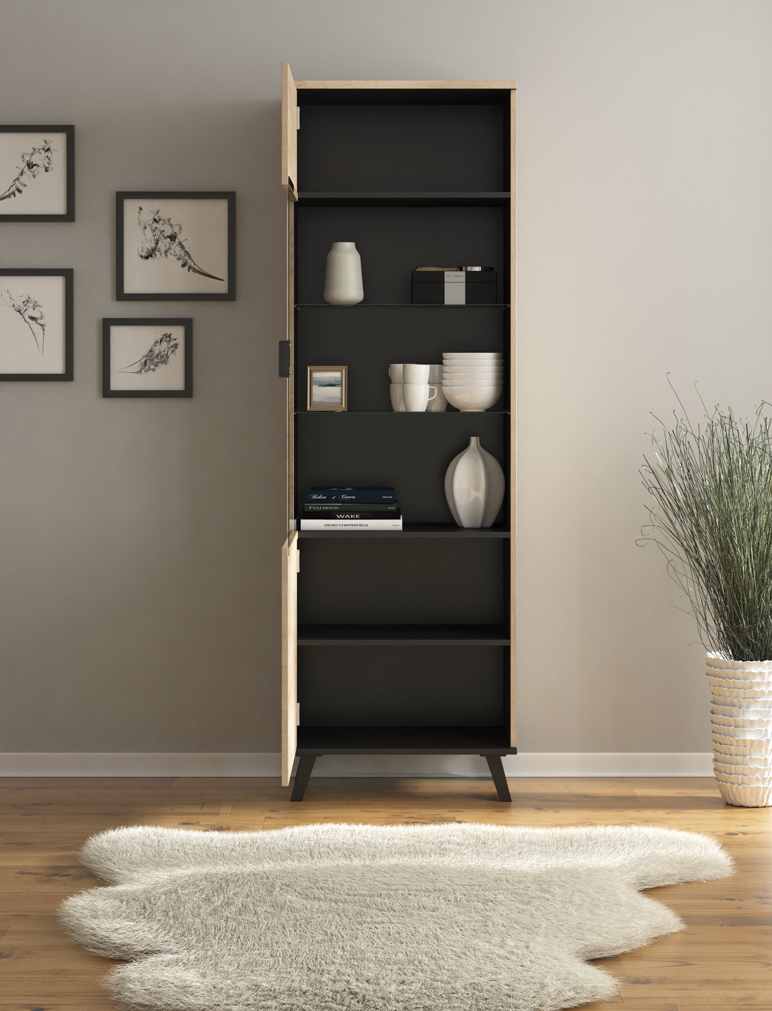 Jenny - Vitrinekast - Eiken/zwart - 61x40x191 cm