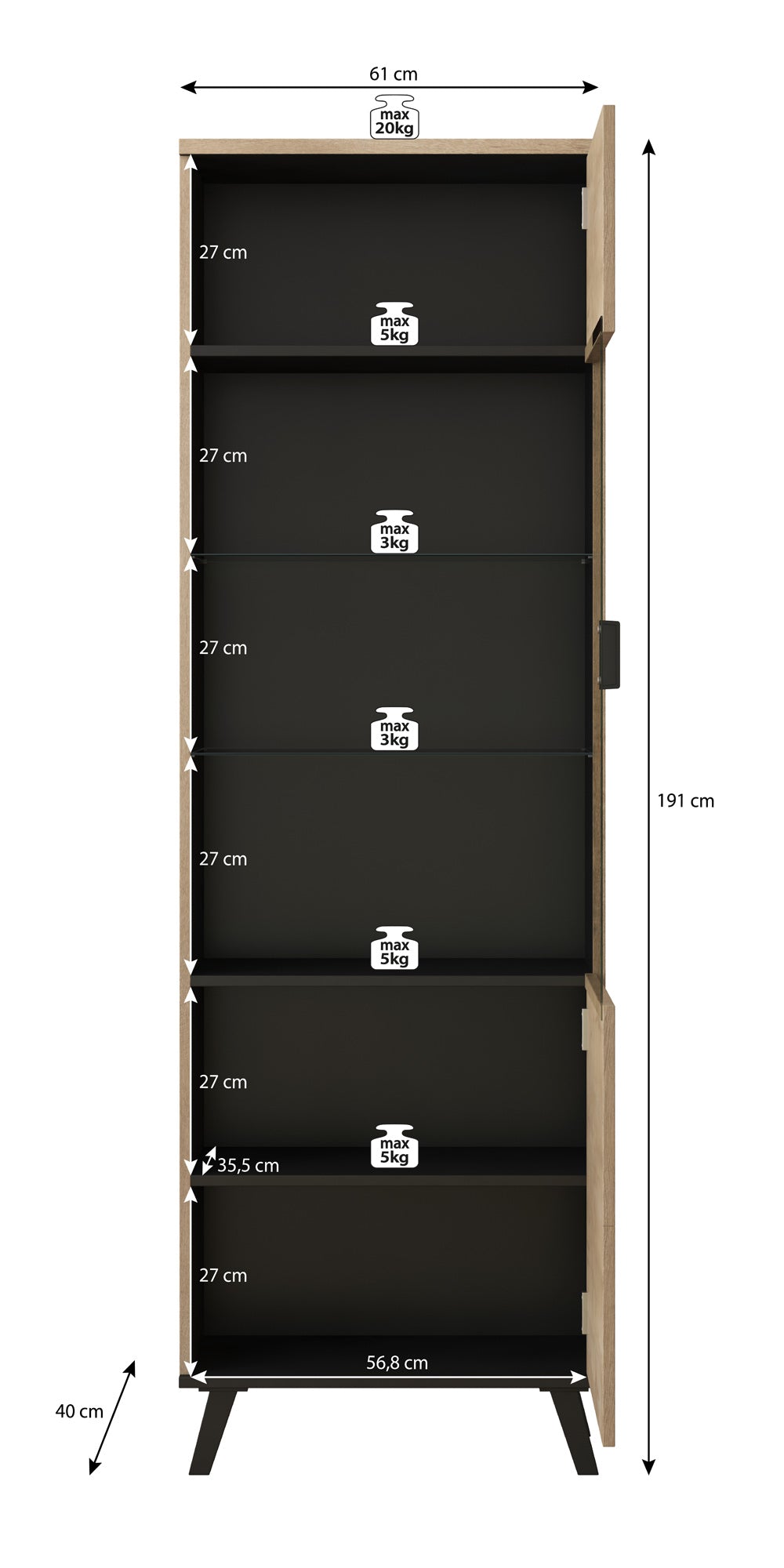 Jenny - Vitrinekast - Eiken/zwart - 61x40x191 cm