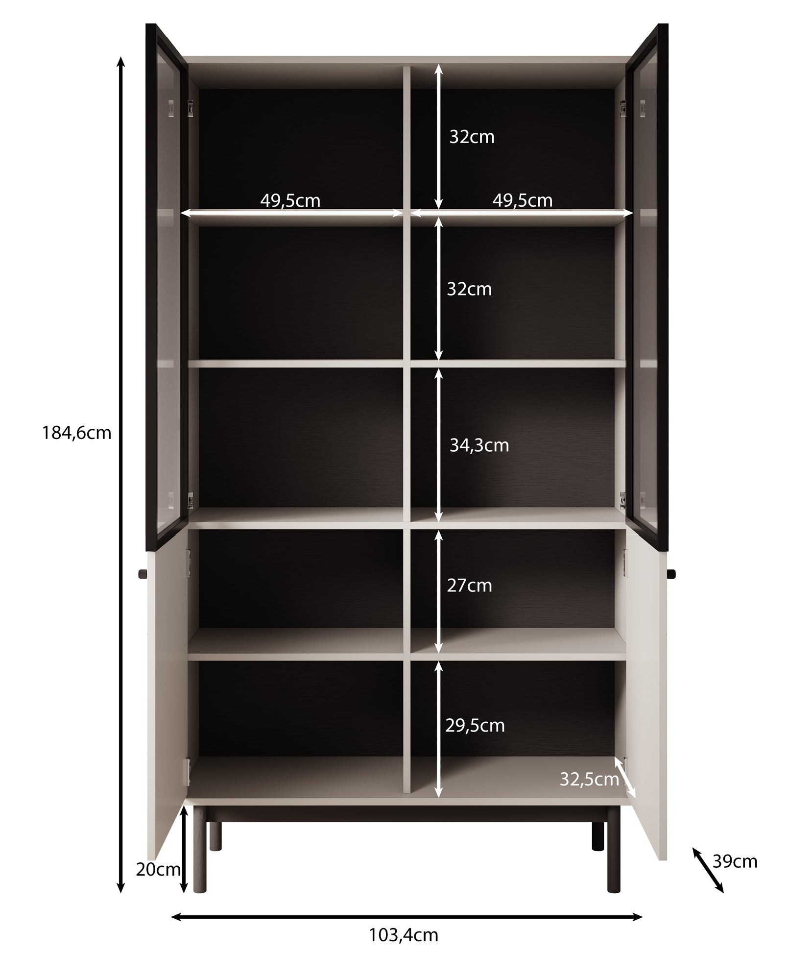 Jules 1 - Vitrinekast - Beige - 104x39x185 cm