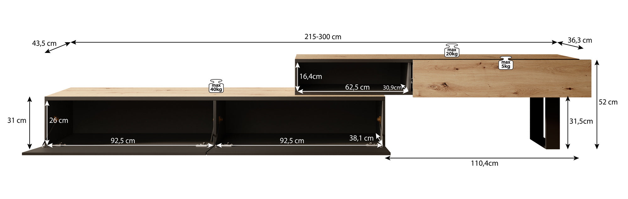 Kandelo - TV-Meubel met 2 deuren - Eiken/zwart - 300 cm