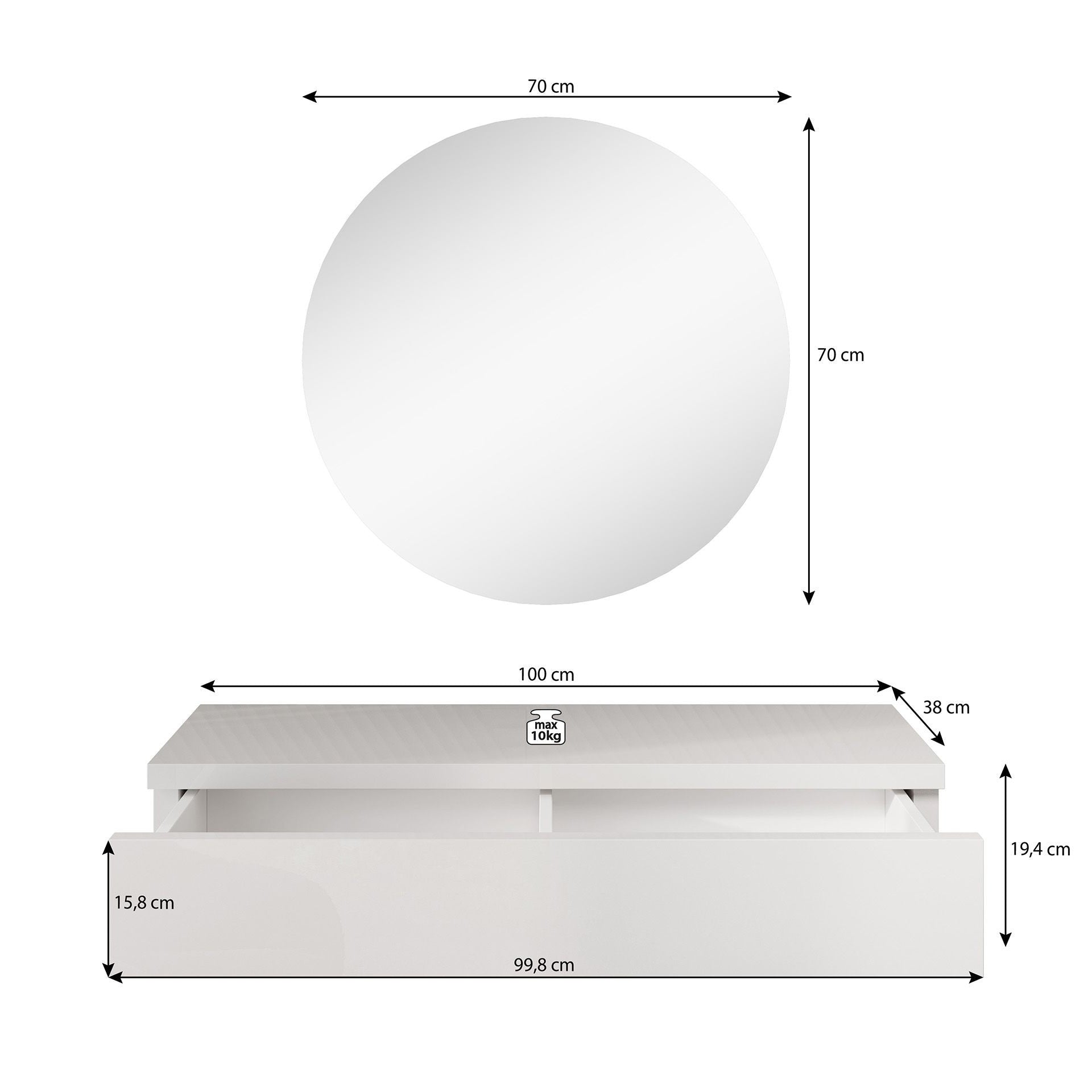 Amaretto - Kaptafel - Wit - 100x38 cm - Met spiegel