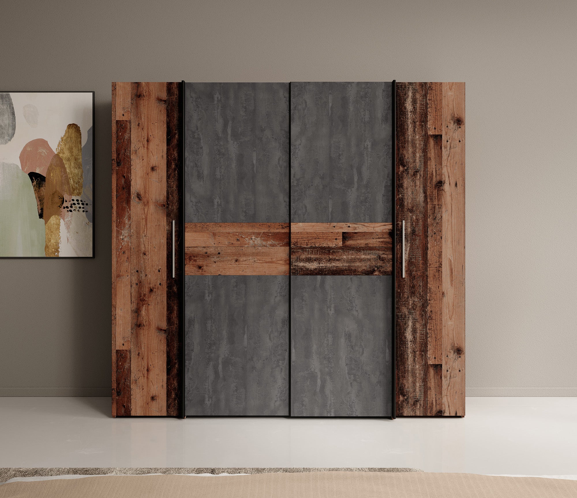 Kassel - Kledingkast met schuifdeuren - Old wood/grijs - 200x191x62 cm