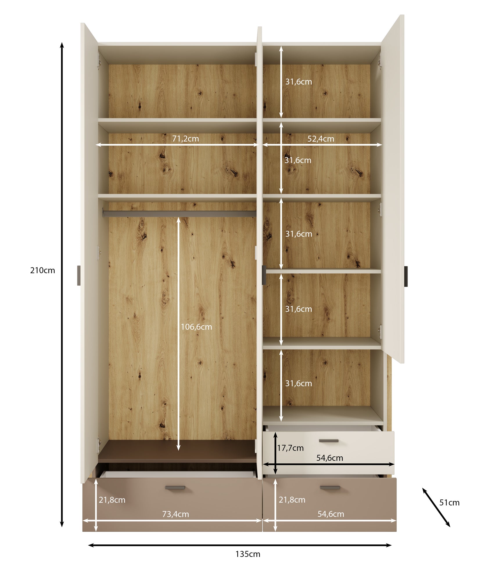 Livingston - Kledingkast 3-deurs - Beige - 135x51x210 cm