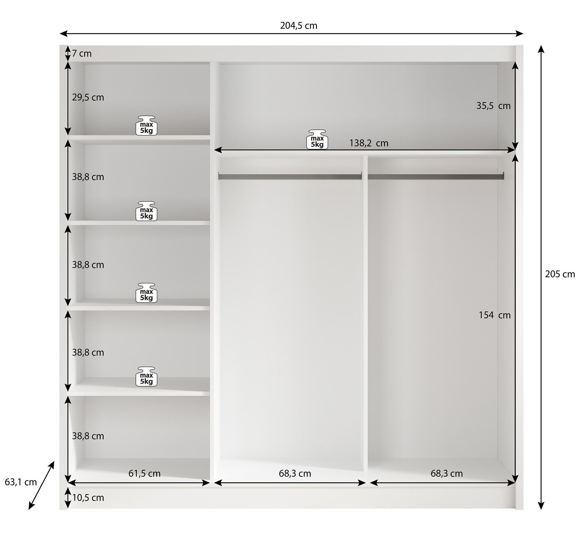 Alcamo 3 - Kledingkast met schuifdeuren - Wit - 205x63x205 cm