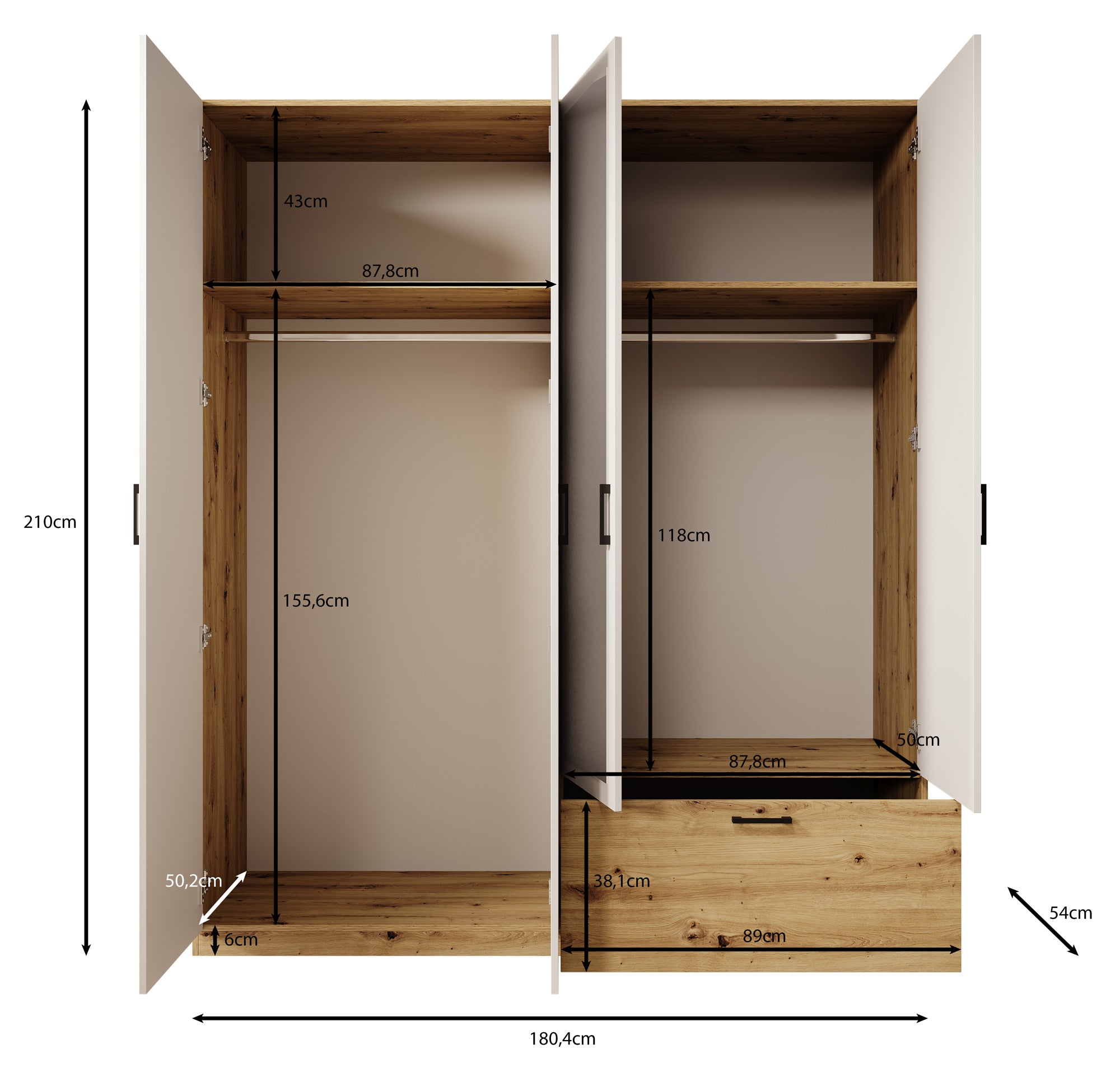 Audrey - Kledingkast 4-deurs - Wit - 180x54x210 cm