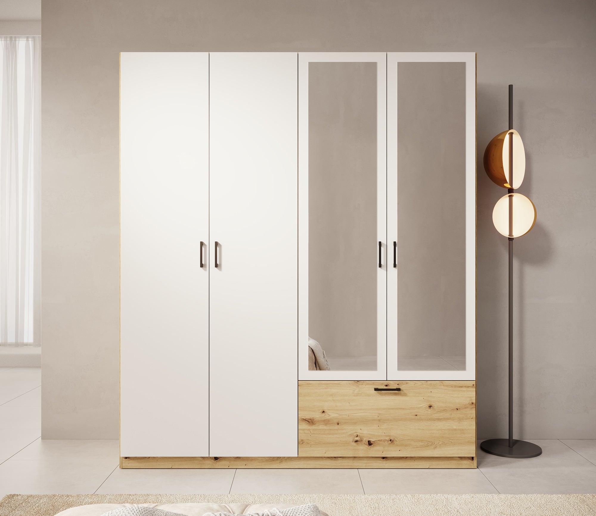 Audrey - Kledingkast 4-deurs en spiegel - Wit - 180x54x210 cm
