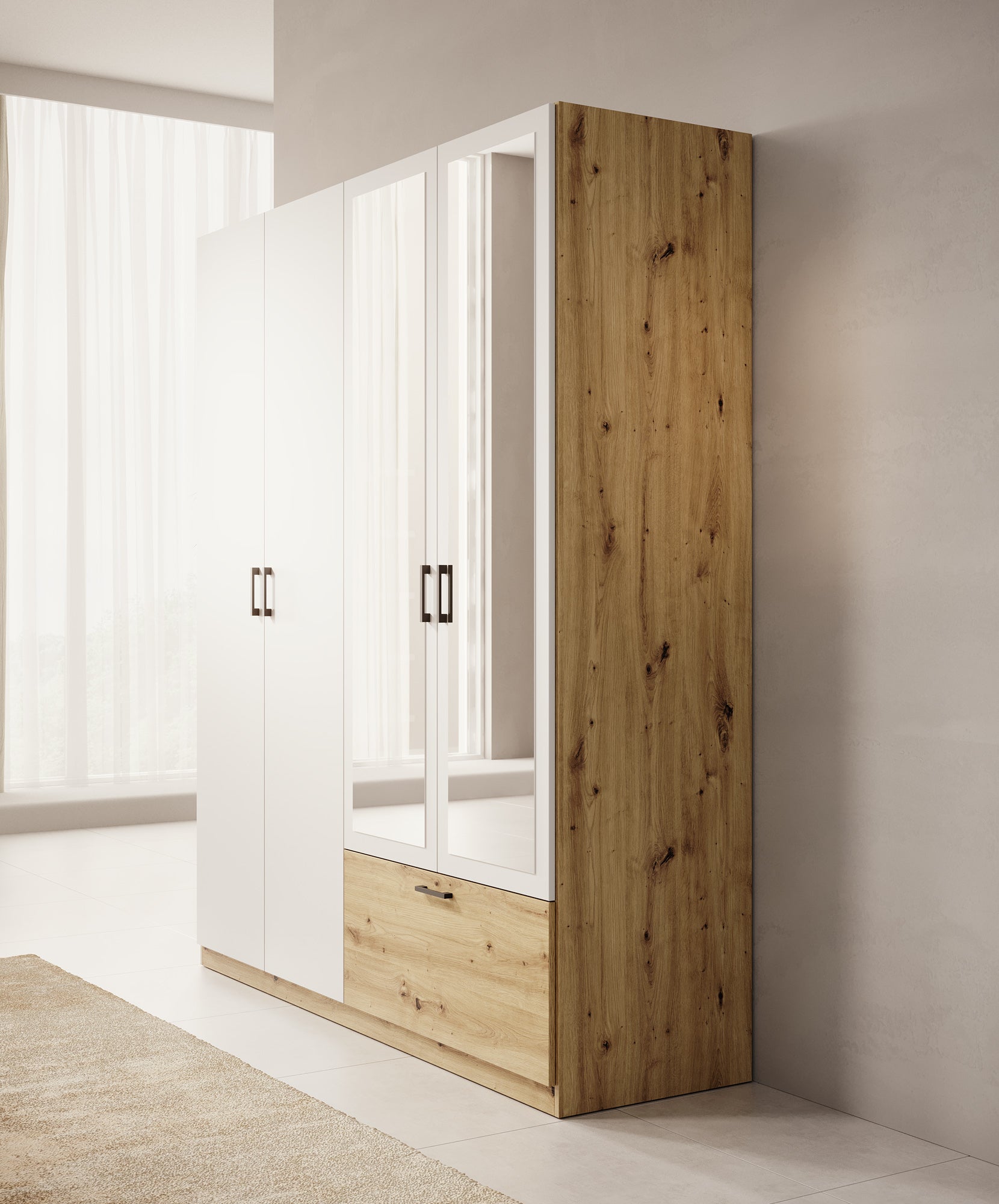 Audrey - Kledingkast 4-deurs en spiegel - Wit - 180x54x210 cm