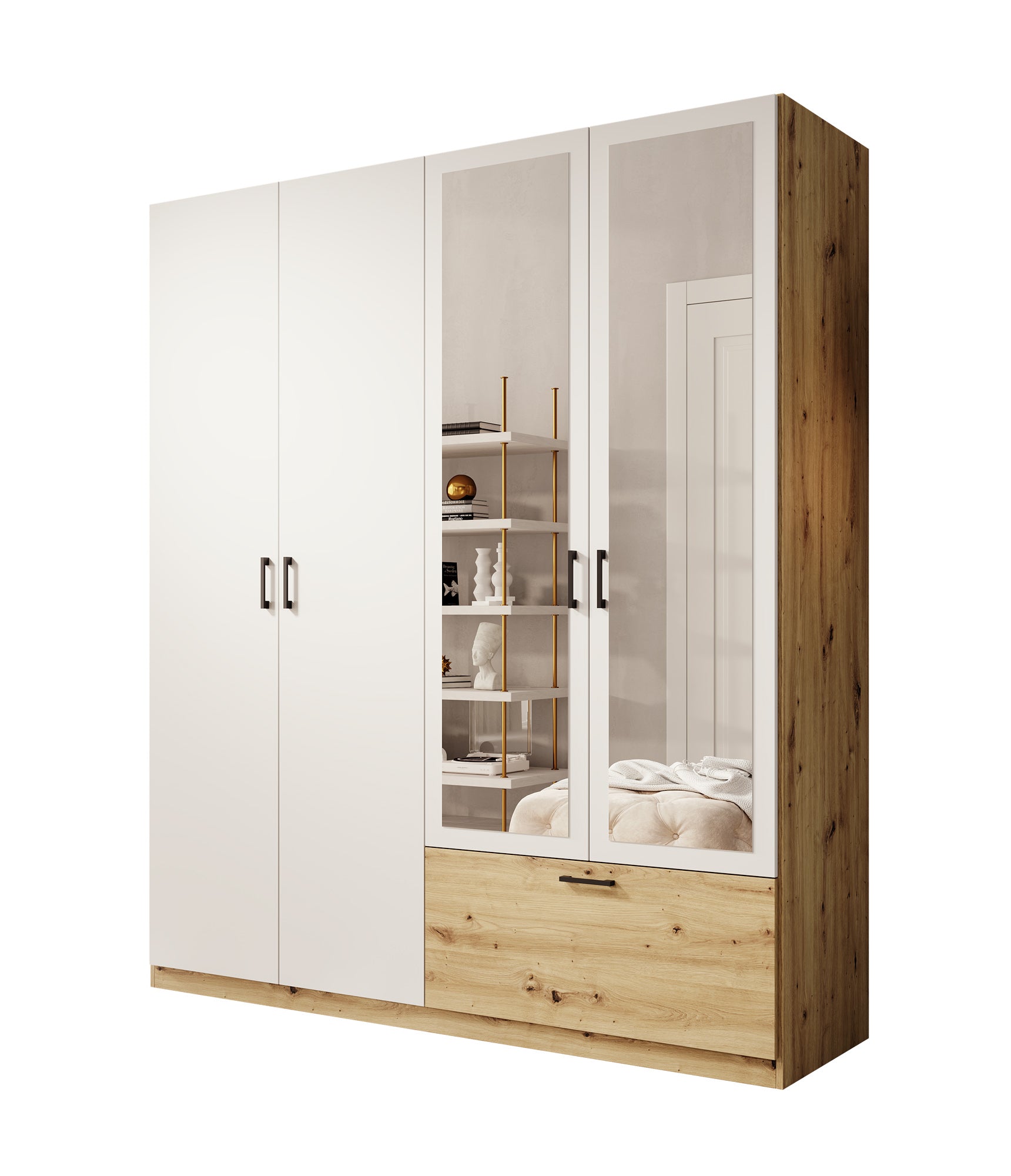 Audrey - Kledingkast 4-deurs en spiegel - Wit - 180x54x210 cm