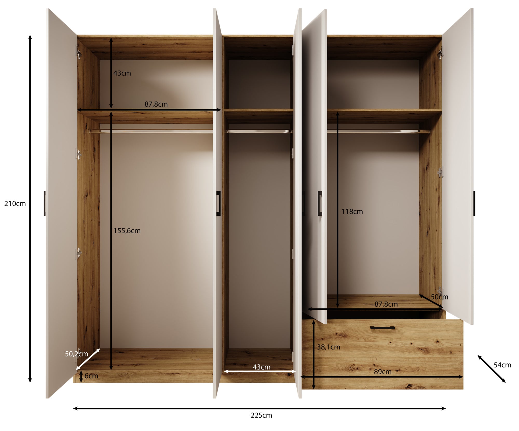 Audrey - Kledingkast 5-deurs en spiegel - Wit - 225x54x210 cm