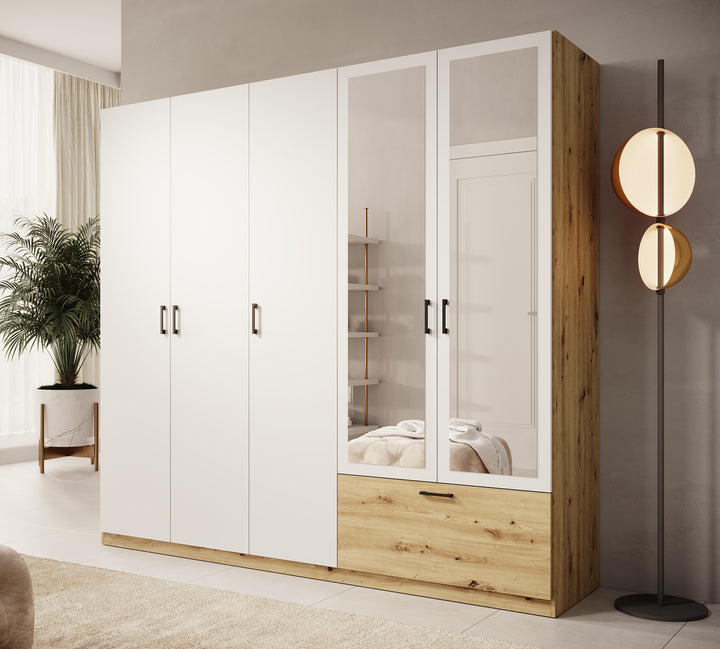 Audrey - Kledingkast 5-deurs en spiegel - Wit - 225x54x210 cm