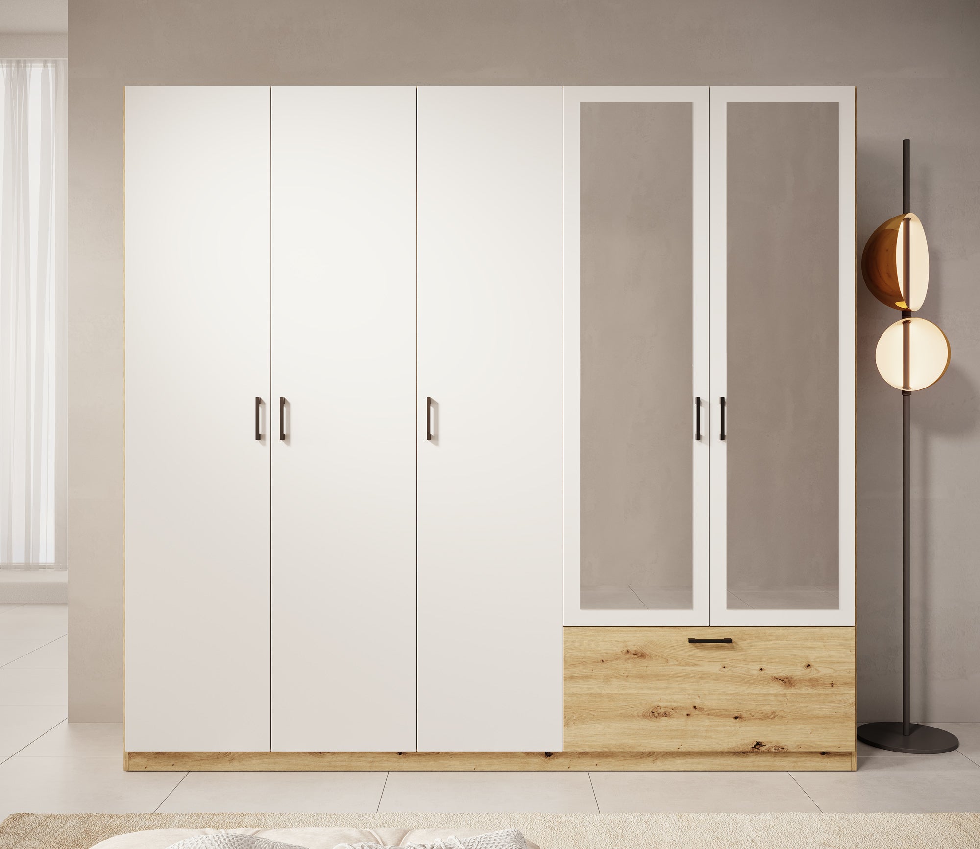 Audrey - Kledingkast 5-deurs en spiegel - Wit - 225x54x210 cm