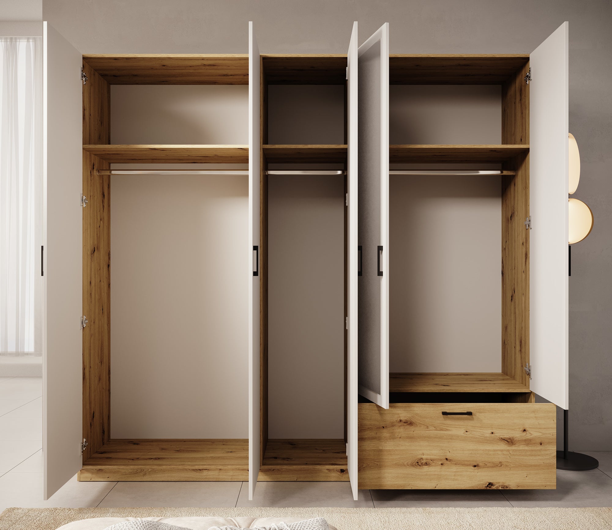 Audrey - Kledingkast 5-deurs en spiegel - Wit - 225x54x210 cm