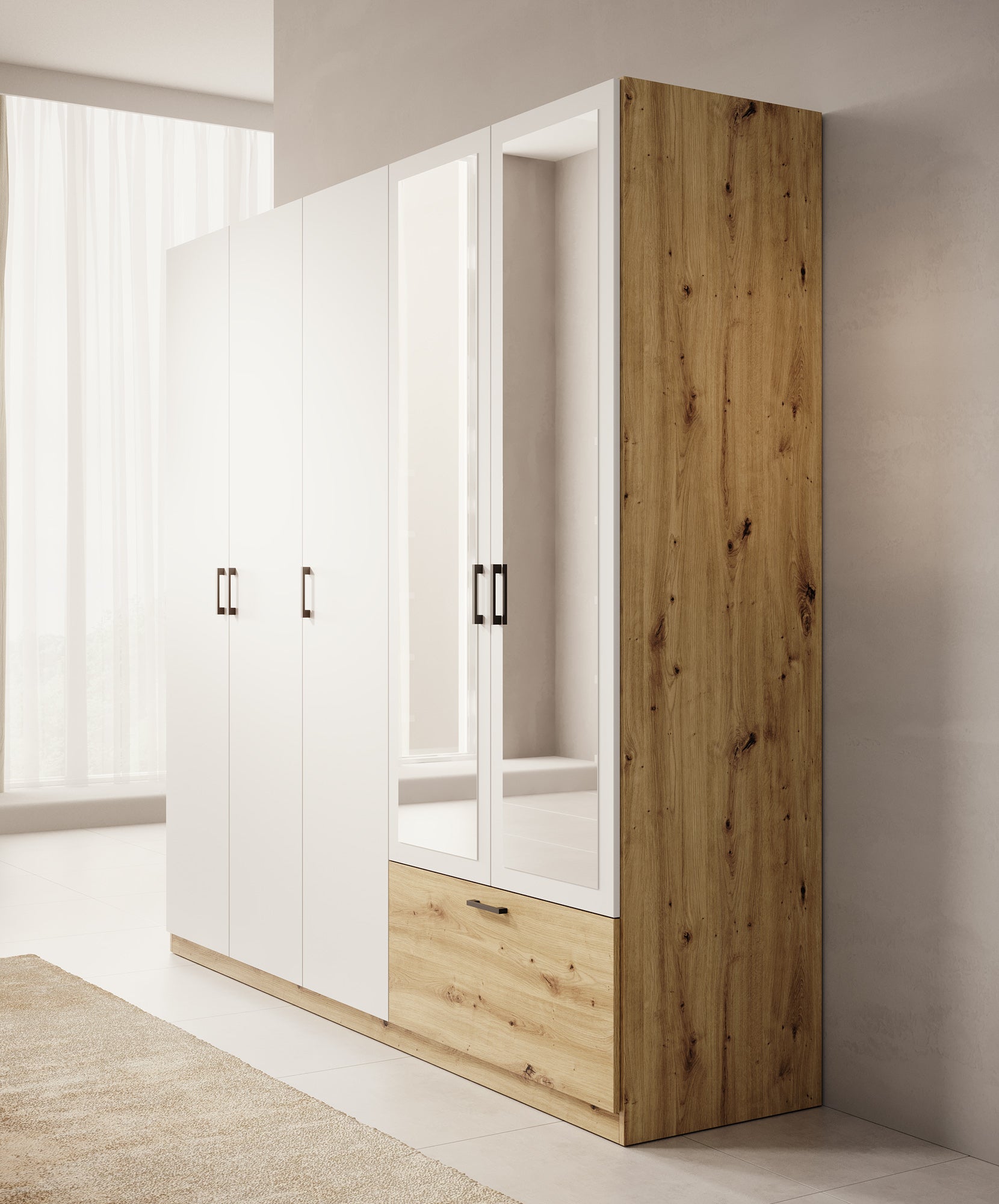 Audrey - Kledingkast 5-deurs en spiegel - Wit - 225x54x210 cm