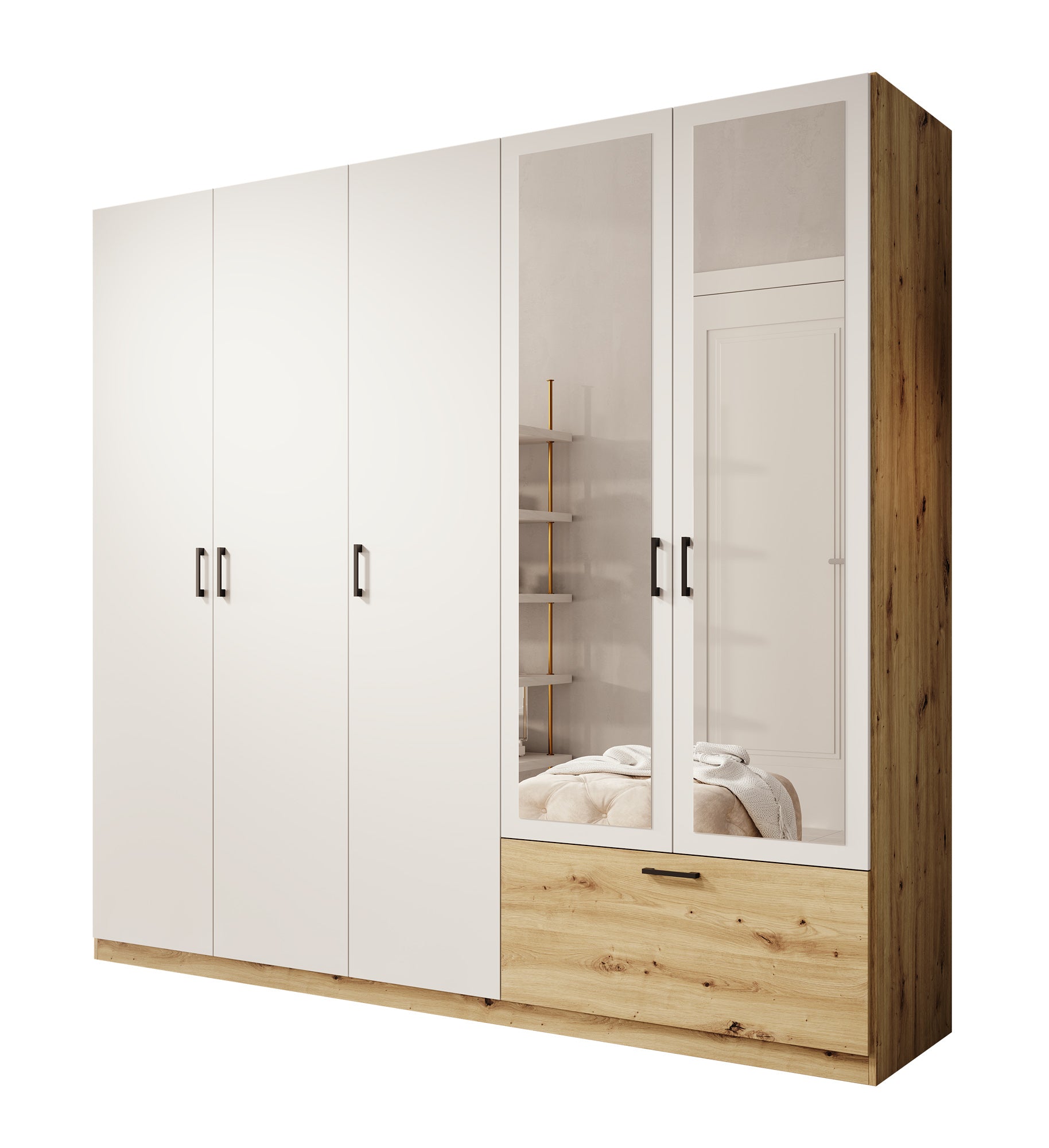 Audrey - Kledingkast 5-deurs en spiegel - Wit - 225x54x210 cm