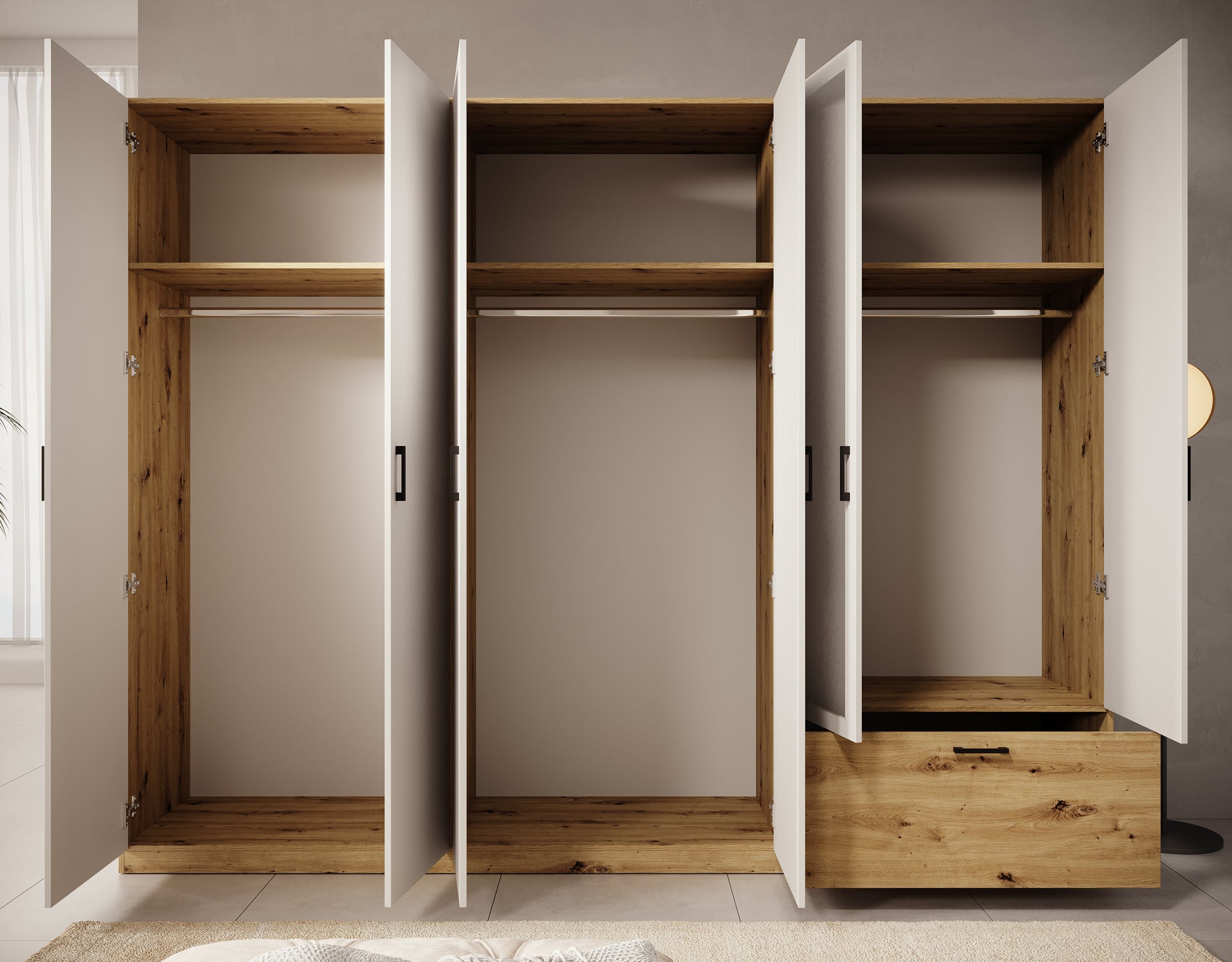 Audrey - Kledingkast 6-deurs en spiegel - Wit - 270x54x210 cm