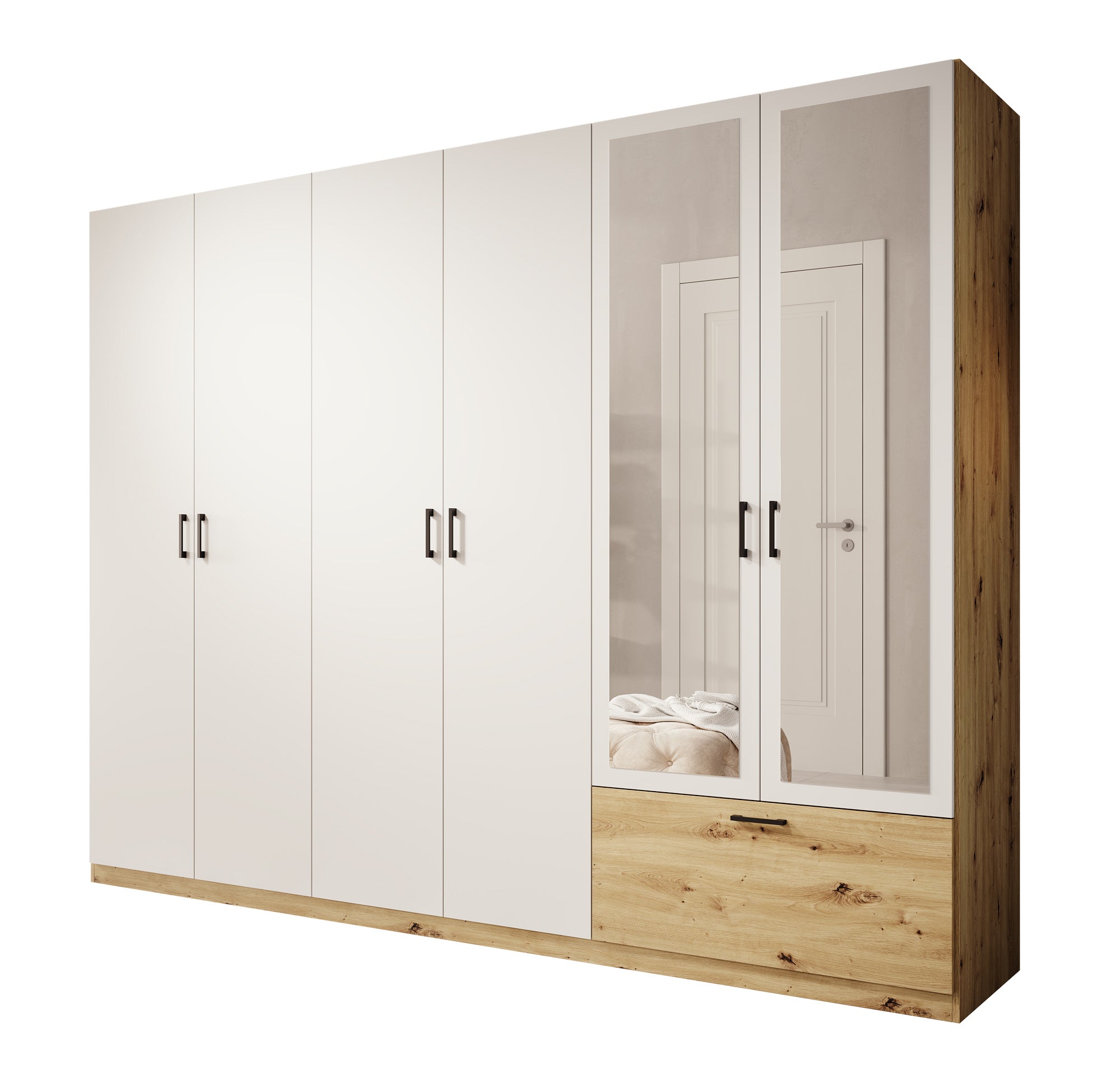 Audrey - Kledingkast 6-deurs en spiegel - Wit - 270x54x210 cm