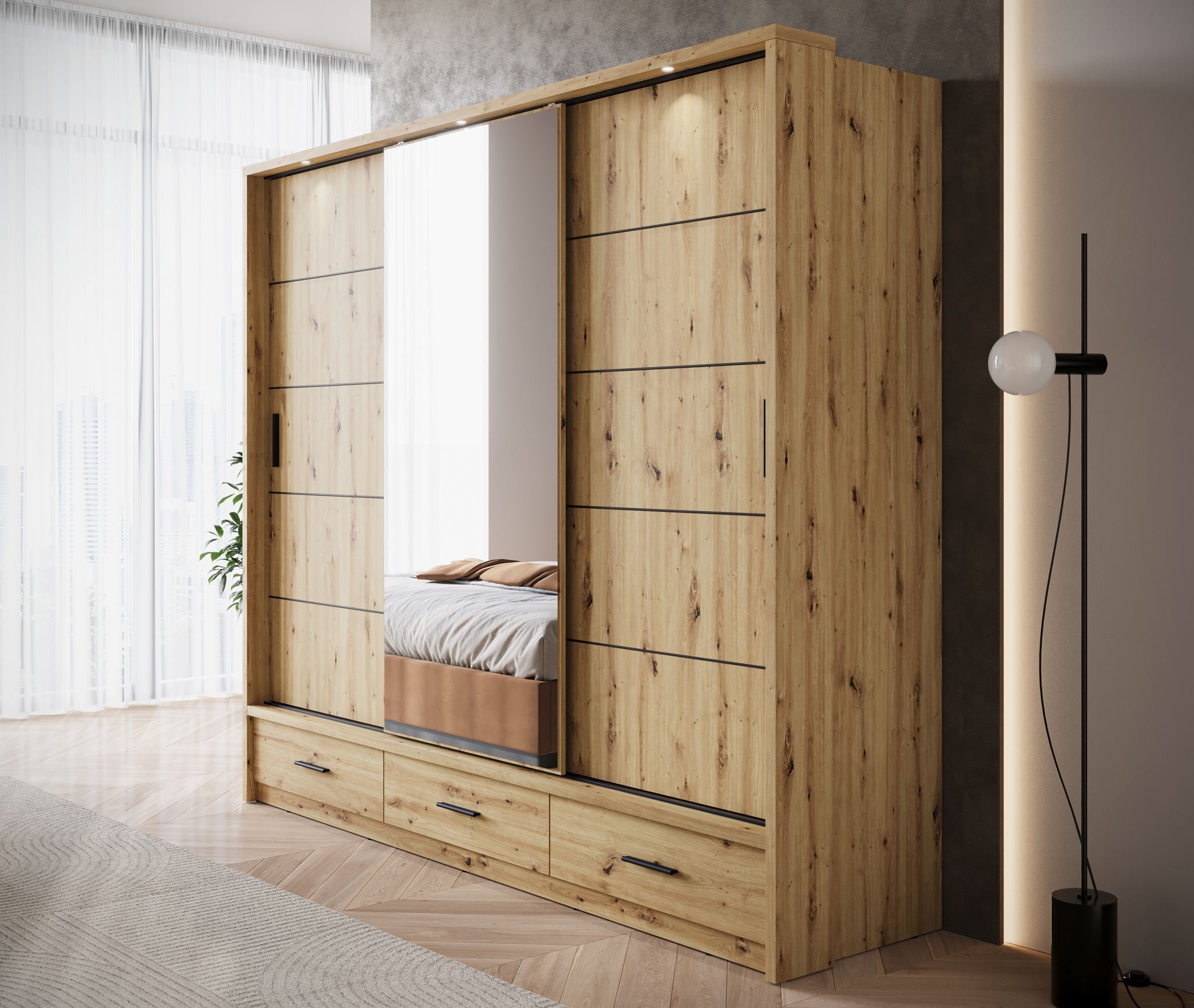 Autumn - Kledingkast met 3 schuifdeuren - Eiken - 250x63x215 cm
