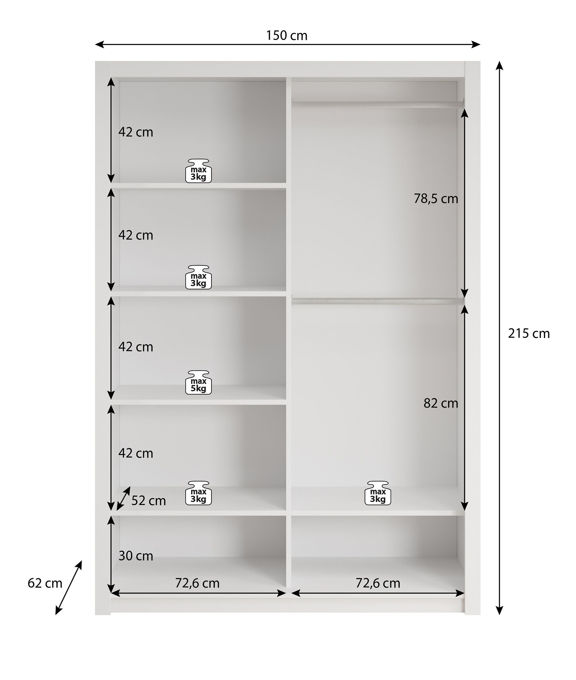 Blake - Kledingkast met schuifdeuren - Zwart - 150x62x215 cm