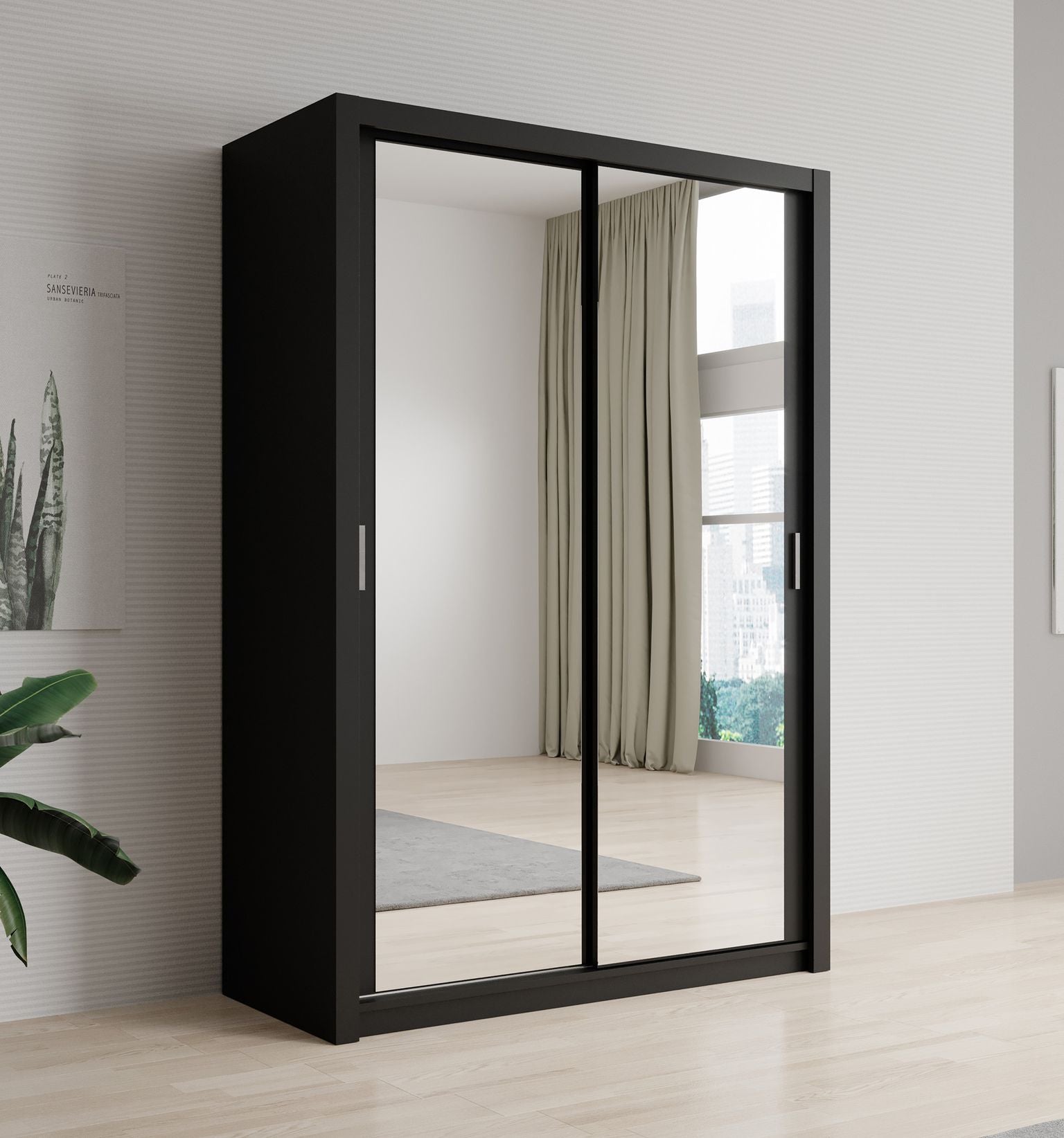 Blake - Kledingkast met spiegel - Zwart - 150x62x215 cm