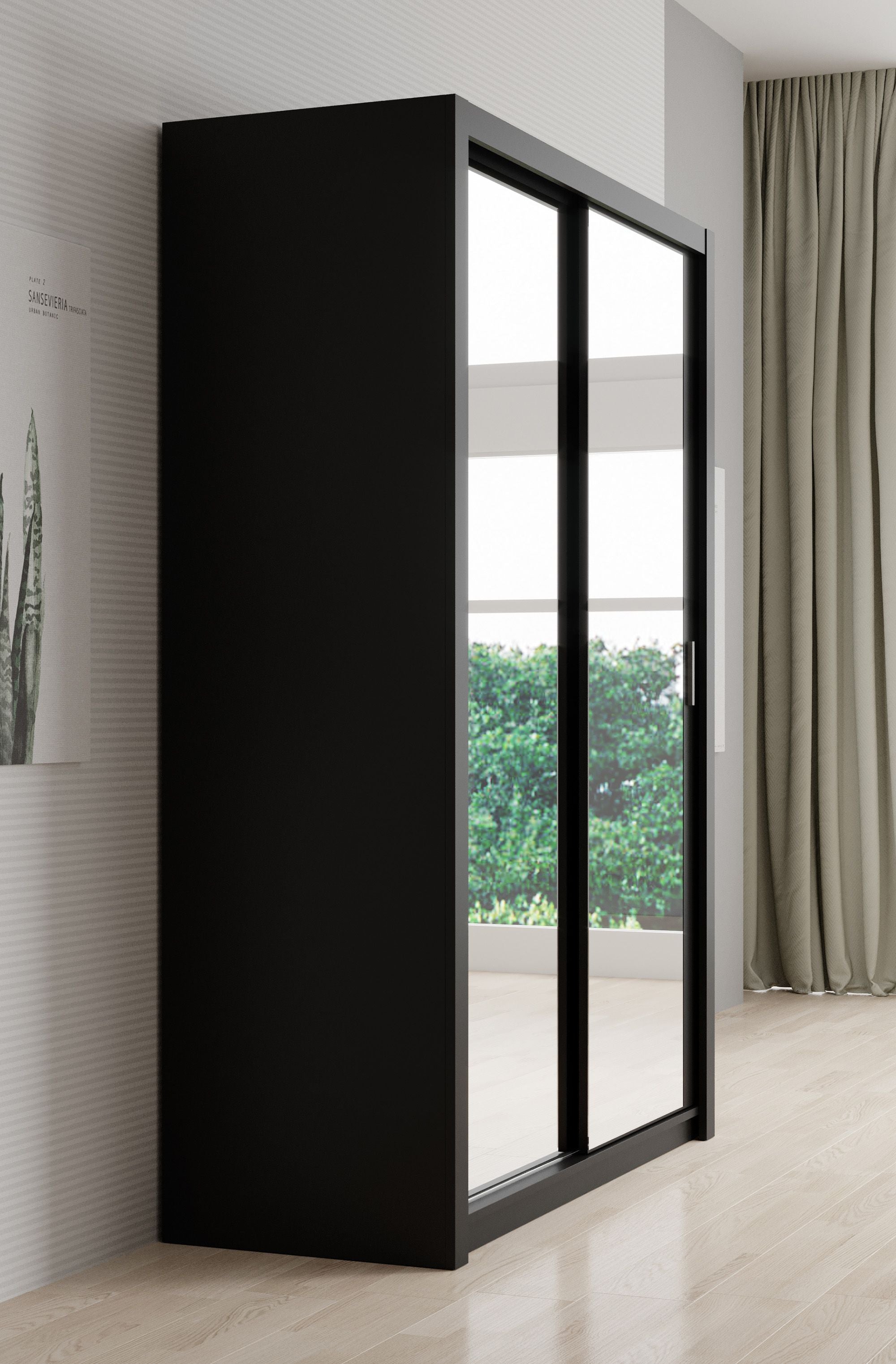 Blake - Kledingkast met spiegel - Zwart - 150x62x215 cm