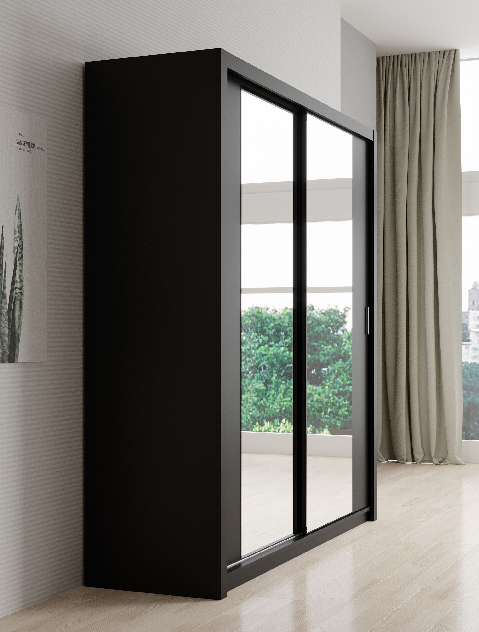 Blake - Kledingkast met spiegel - Zwart - 200x62x215 cm