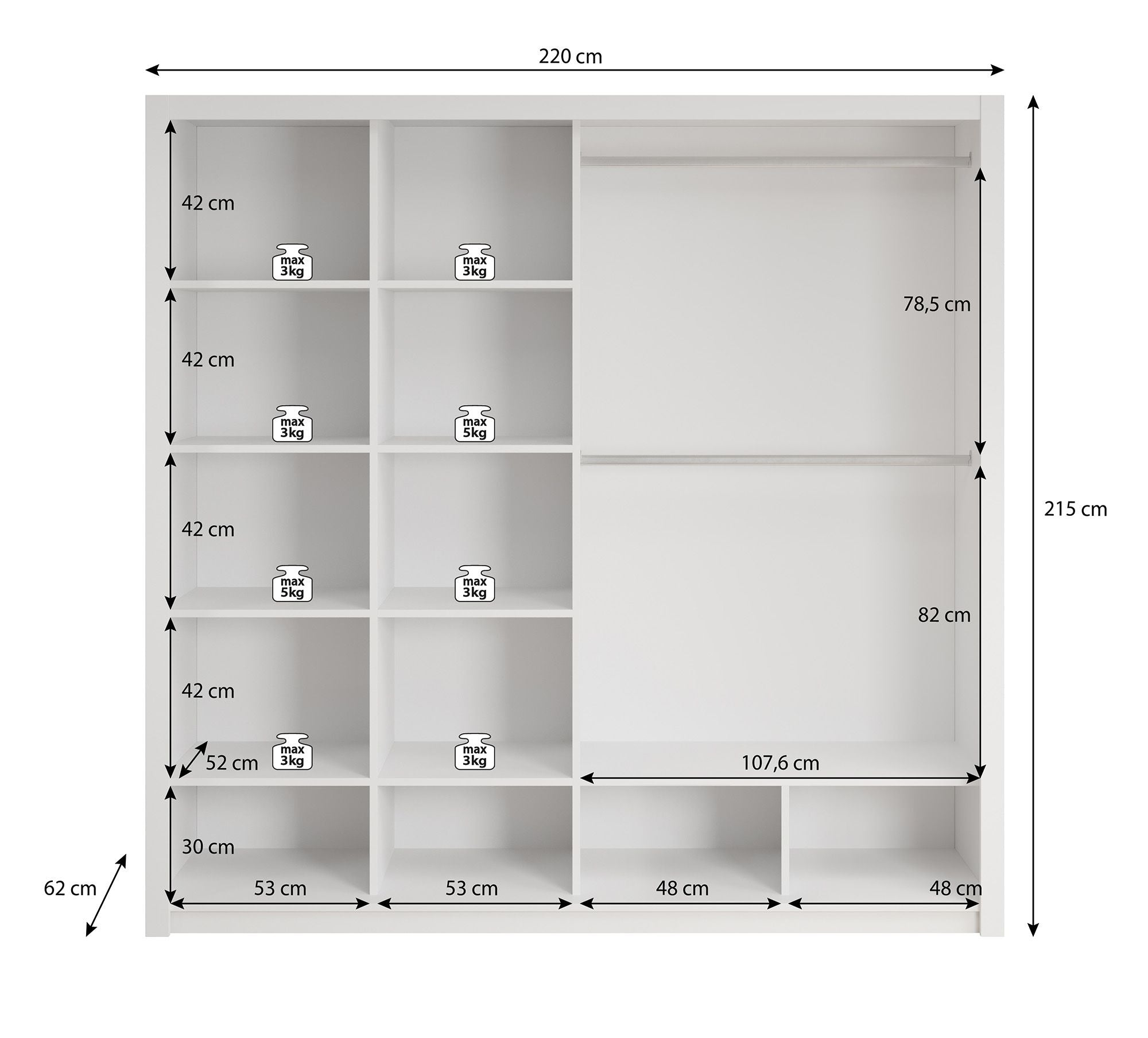 Blake - Kledingkast met spiegel - Wit - 220x62x215 cm