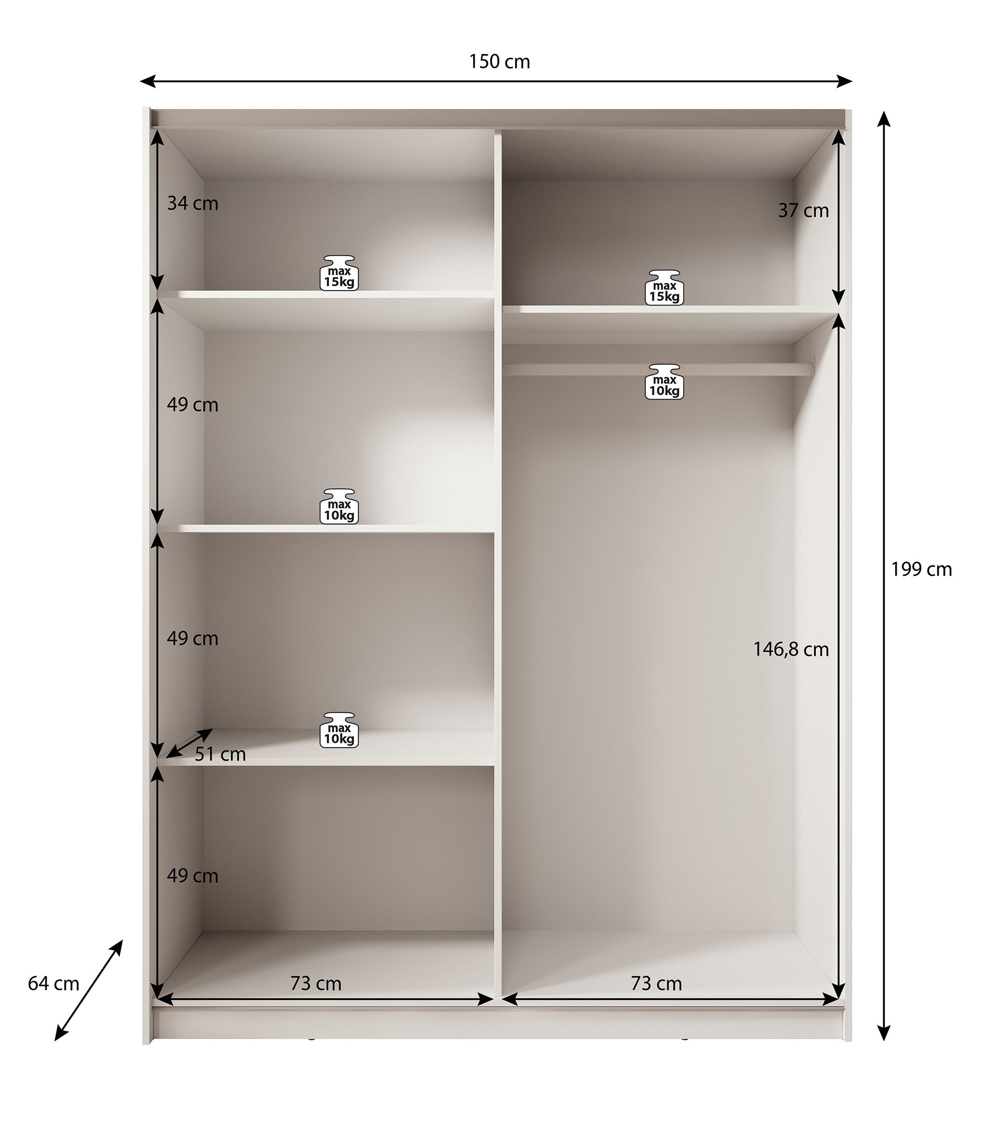 Boets - Kledingkast met schuifdeuren - Wit/eiken - 150x64x199 cm