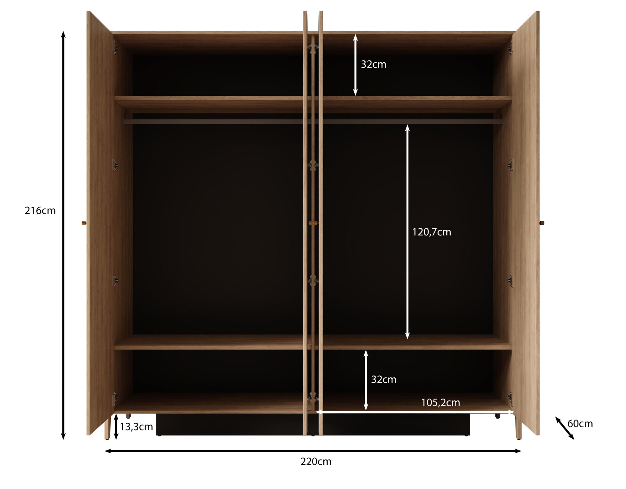 Cody - Kledingkast 4-deurs - Eiken - 220x60x216 cm
