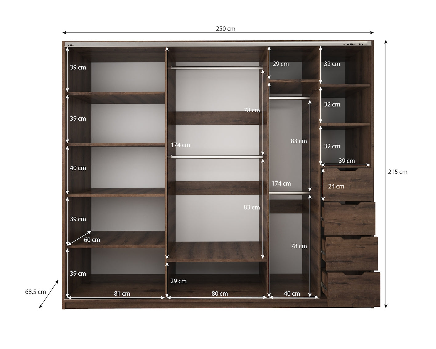 Diplo - Kledingkast met schuifdeuren - Eiken - 250x69x215 cm
