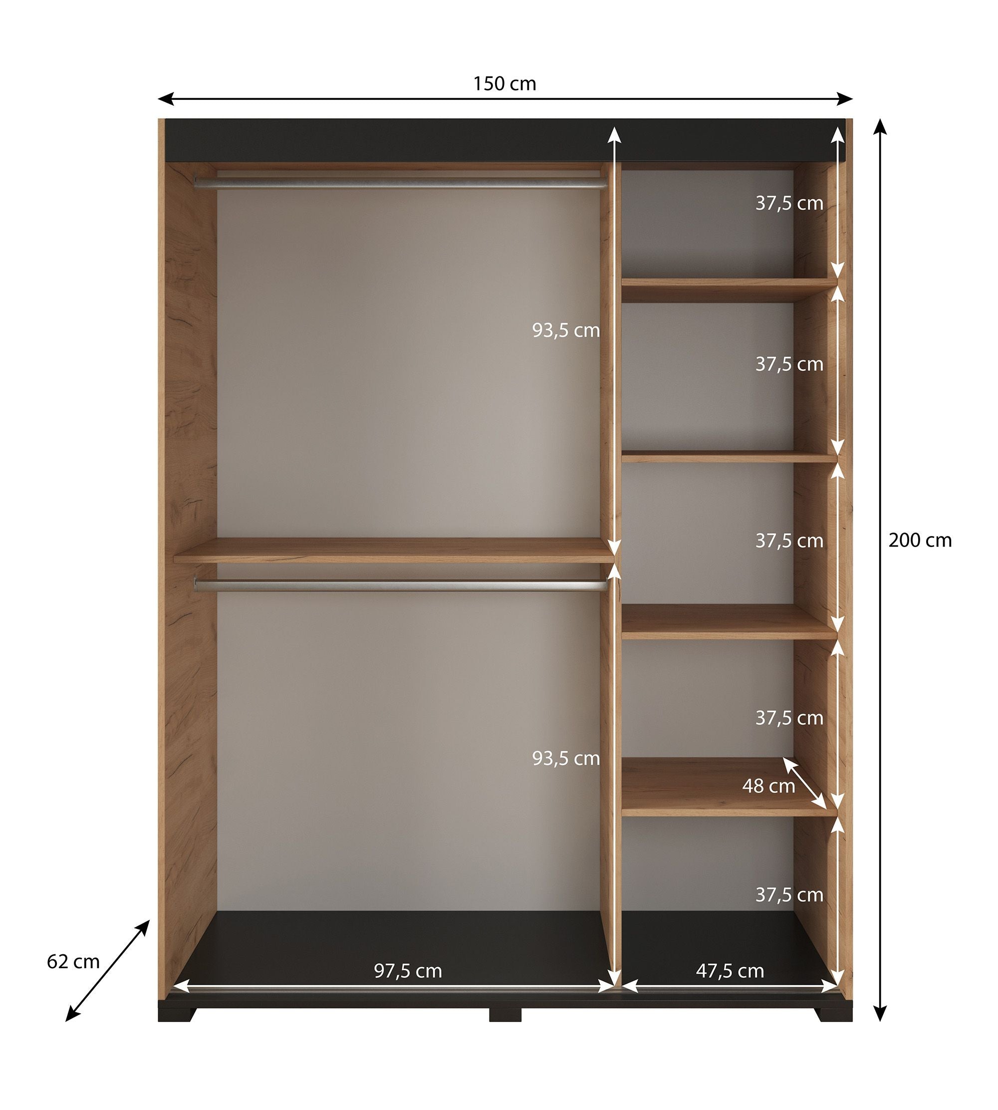 Fabio - Kledingkast met schuifdeuren - Eiken - 150x62x200 cm